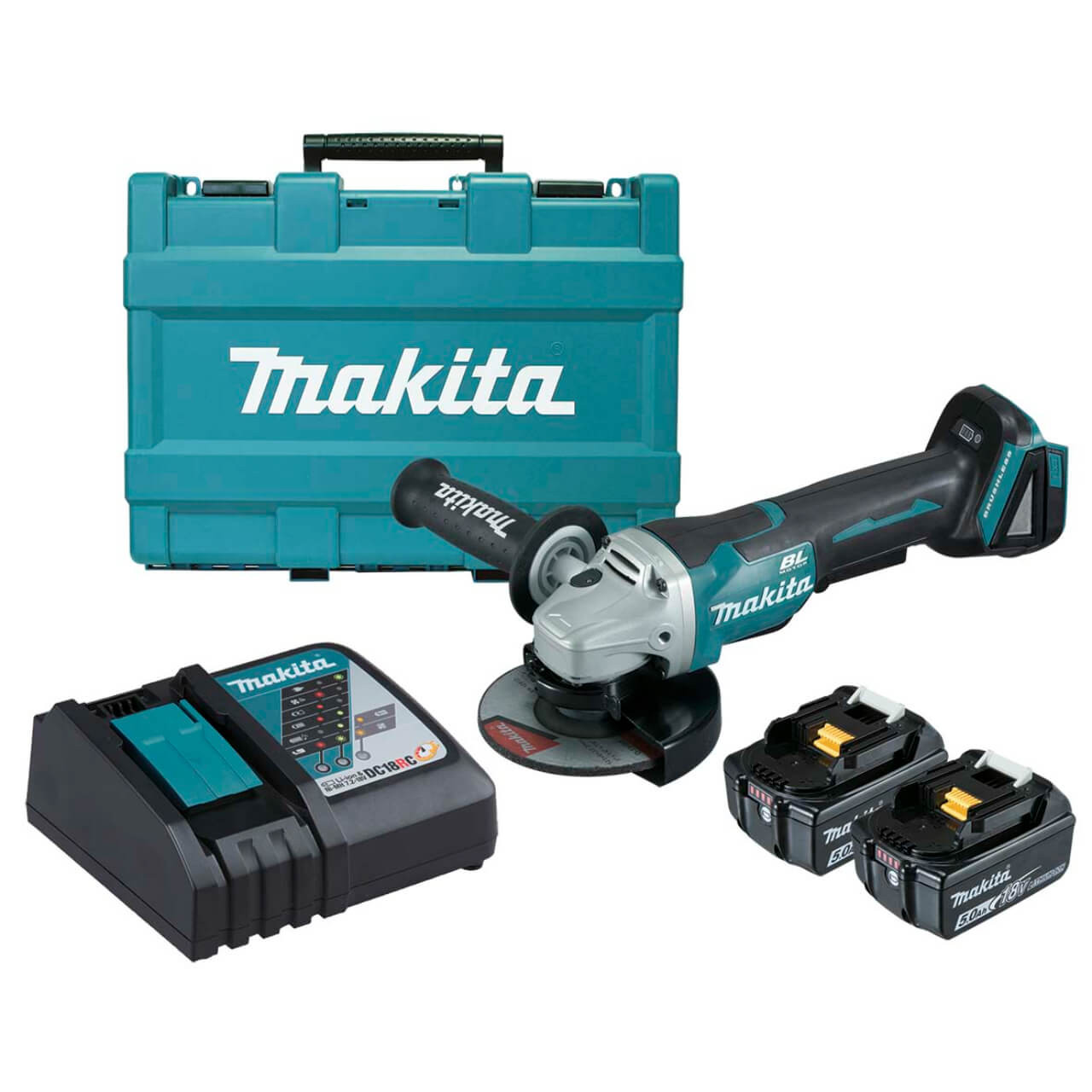 Makita 18V BRUSHLESS 125mm Paddle Switch Brake Angle Grinder Kit - Includes 2 x 5.0Ah Batteries. Rapid Charger & Carry Case