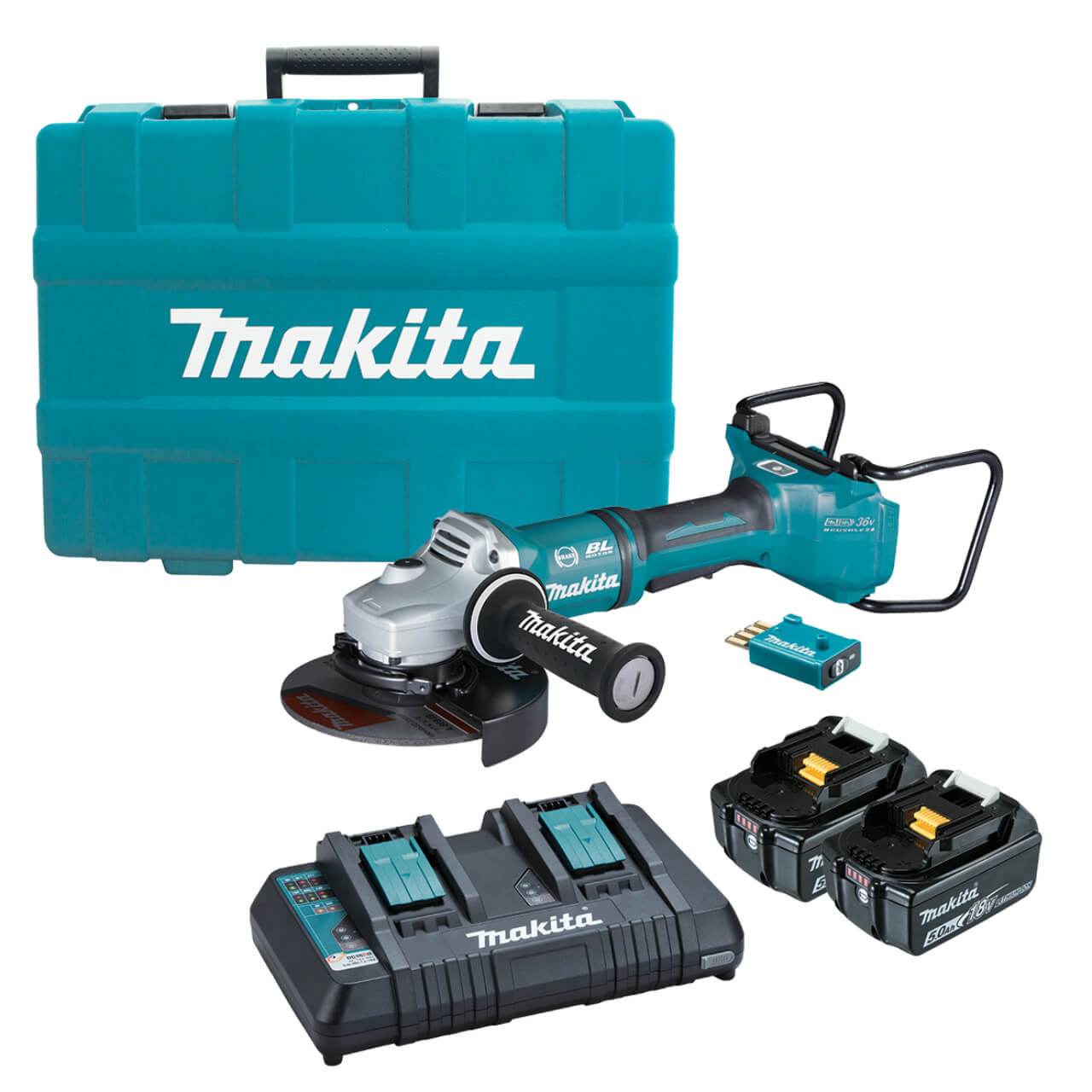 Makita 18Vx2 BRUSHLESS AWS 180mm Paddle Switch Angle Grinder Kit - Includes 2 x 5.0Ah Batteries. Dual Port Rapid Charger & Carry Case