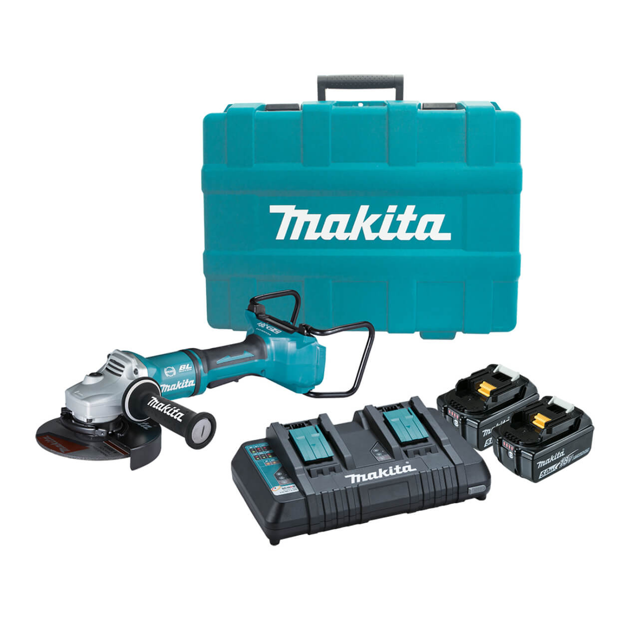 Makita 18Vx2 BRUSHLESS 180mm Paddle Switch Angle Grinder Kit - Includes 2 x 5.0Ah Batteries. Dual Port Rapid Charger & Carry Case