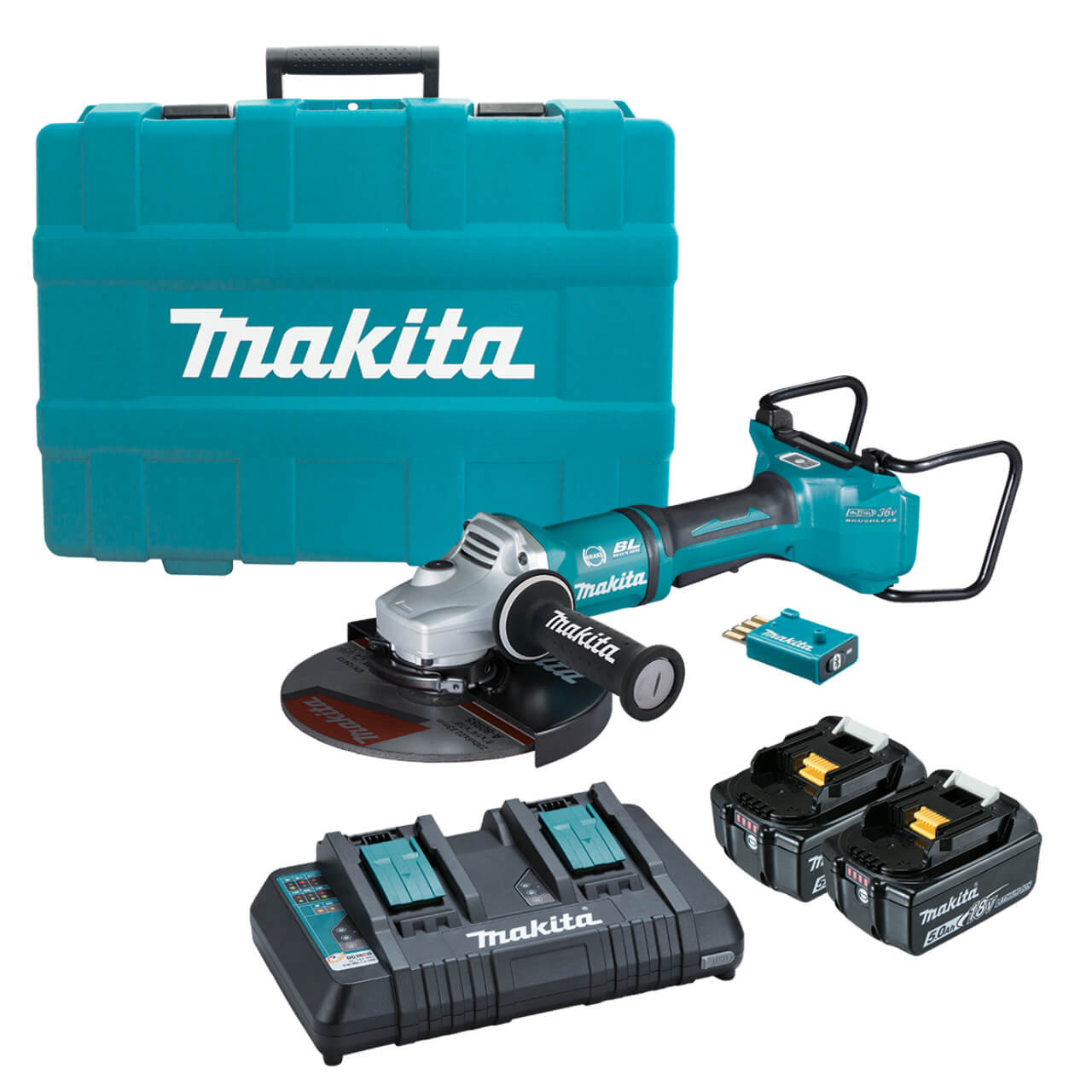 Makita 18Vx2 BRUSHLESS AWS 230mm Paddle Switch Angle Grinder Kit - Includes 2 x 5.0Ah Batteries. Dual Port Rapid Charger & Carry Case