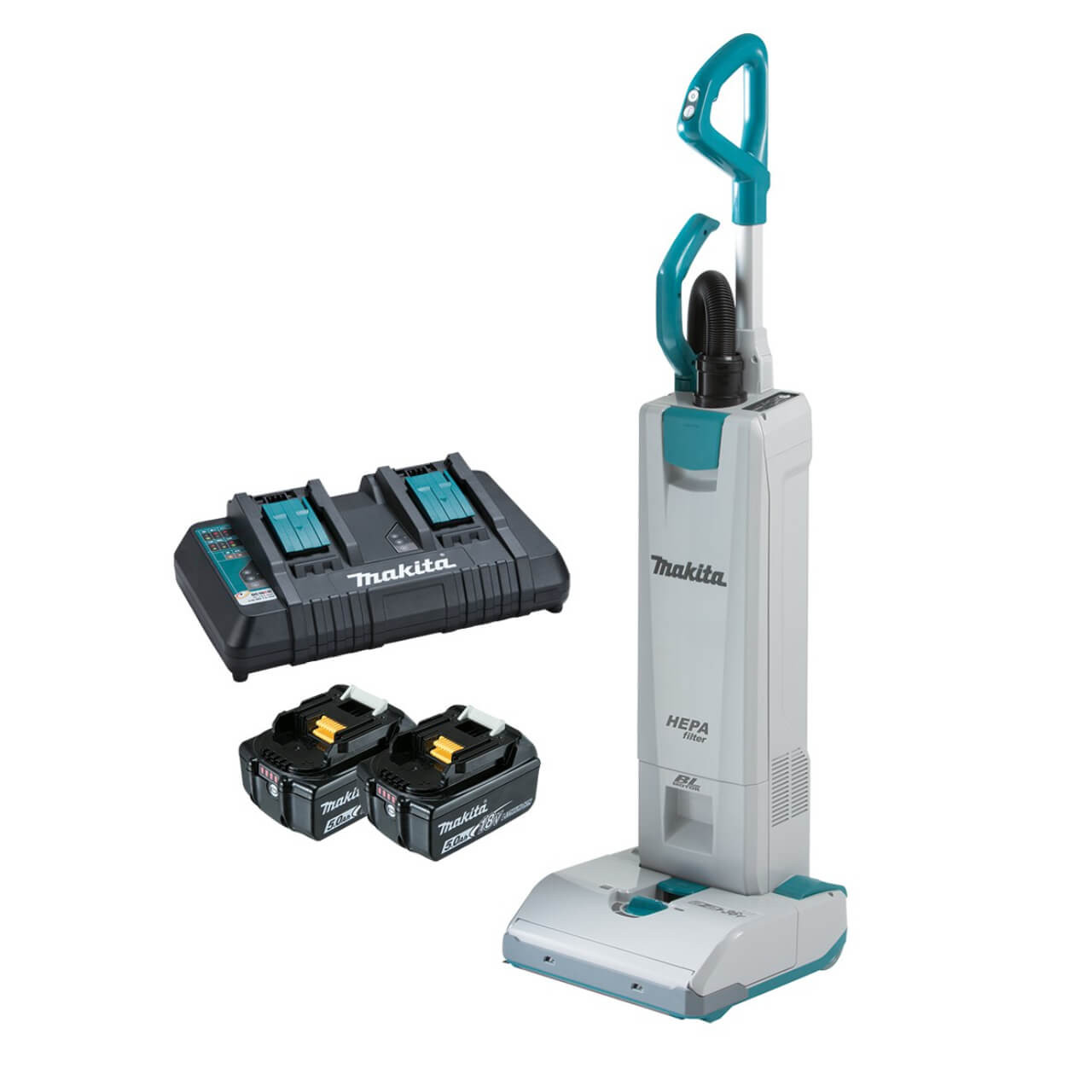 Makita 18Vx2 BRUSHLESS Upright Vacuum Kit - Includes 2 x 5.0Ah Batteries. Dual Port Rapid Charger