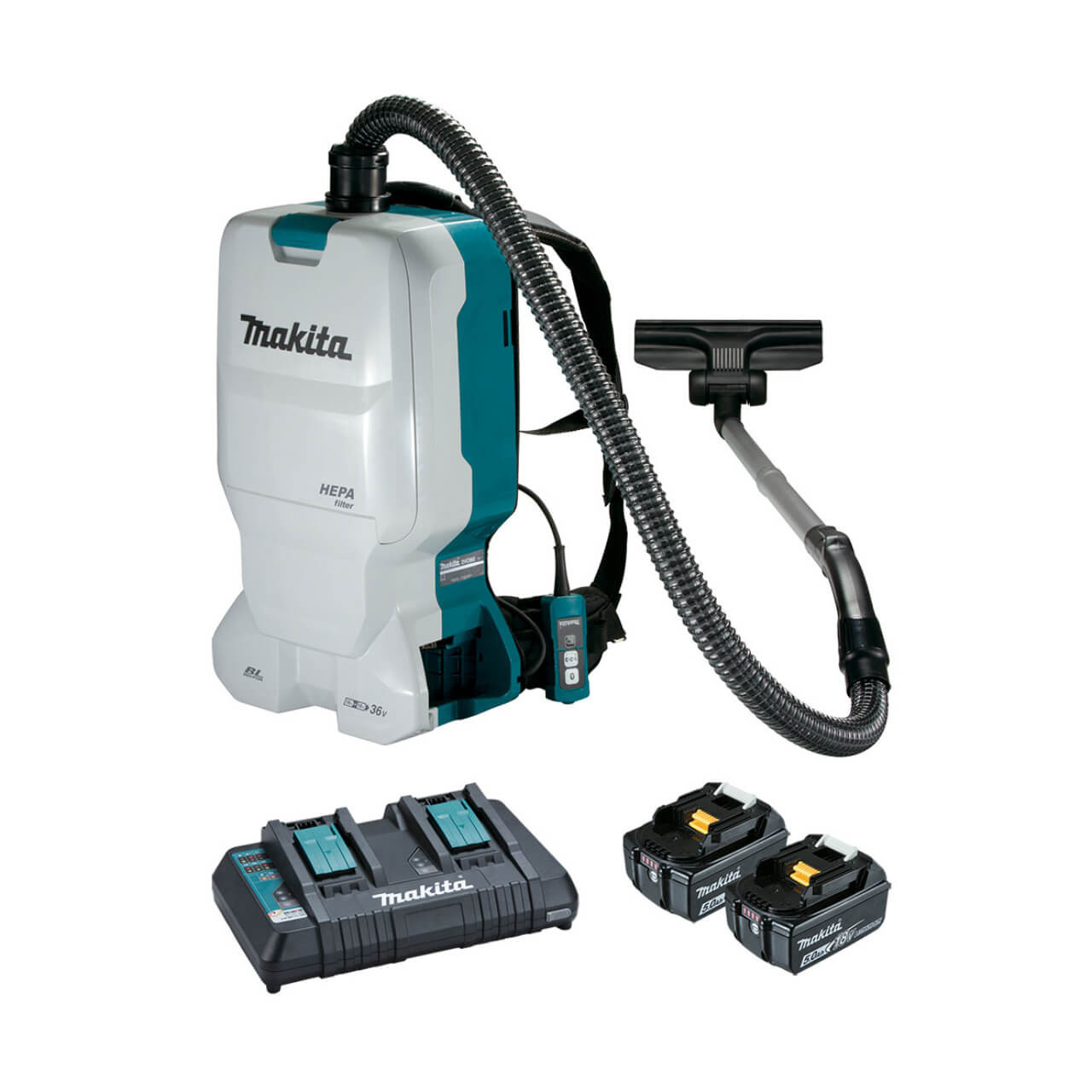 Makita 18Vx2 BRUSHLESS Backpack Vacuum Kit. 6L Tank Capacity - Includes 2 x 5.0Ah Batteries. Dual Port Rapid Charger