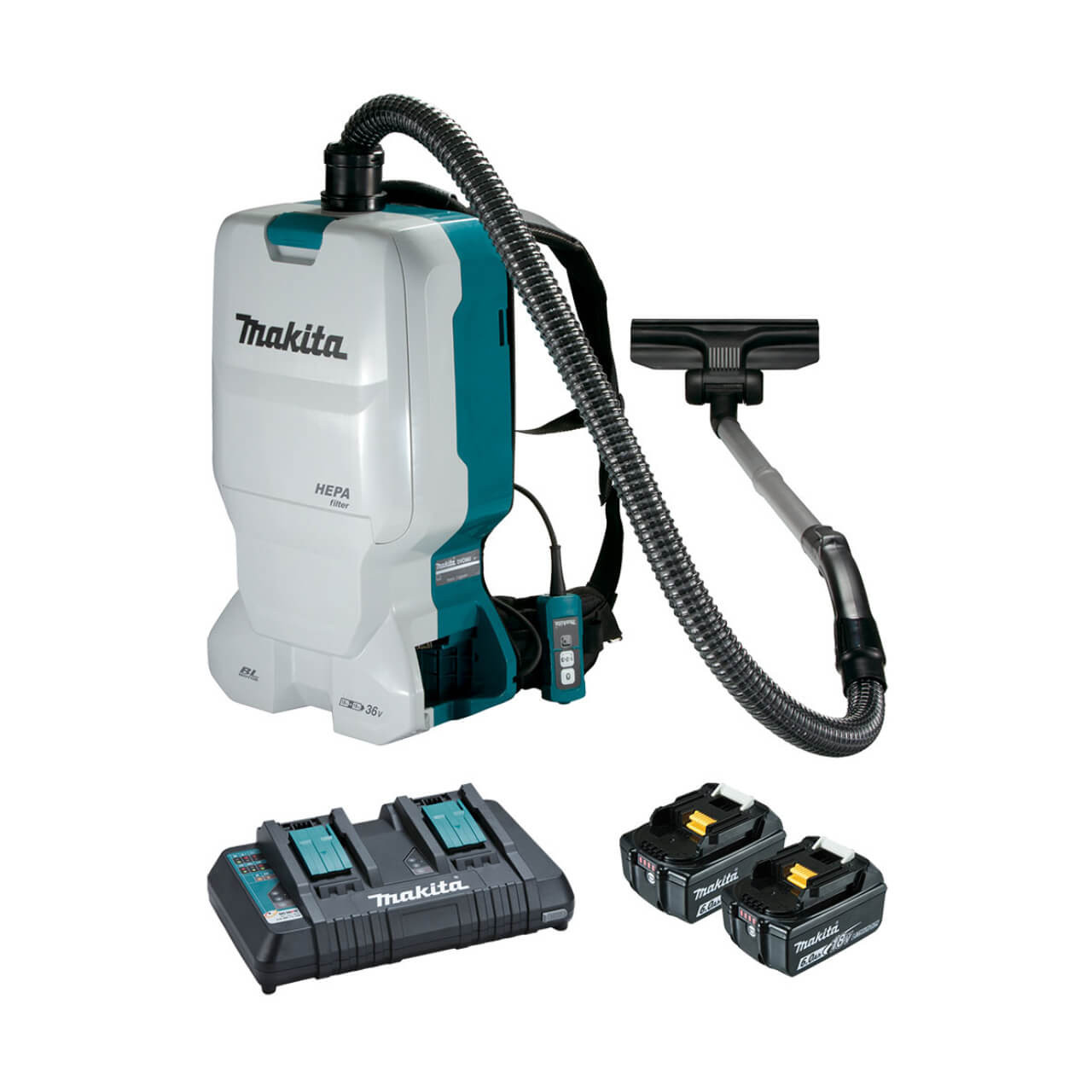 Makita 18Vx2 BRUSHLESS Backpack Vacuum Kit. 6L Tank Capacity - Includes 2 x 6.0Ah Batteries. Dual Port Rapid Charger