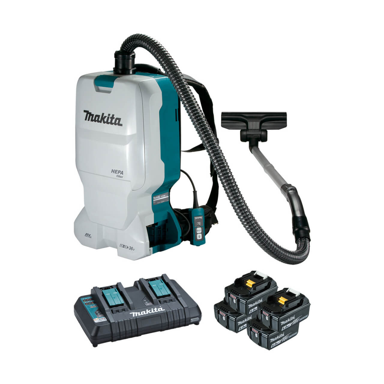 Makita 18Vx2 BRUSHLESS Backpack Vacuum Kit. 6L Tank Capacity - Includes 4 x 6.0Ah Batteries. Dual Port Rapid Charger