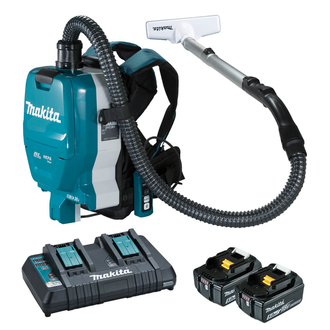 Makita 18Vx2 BRUSHLESS Backpack Vacuum Kit. 1.5L Tank Capacity - Includes 2 x 5.0Ah Batteries. Dual Port Rapid Charger