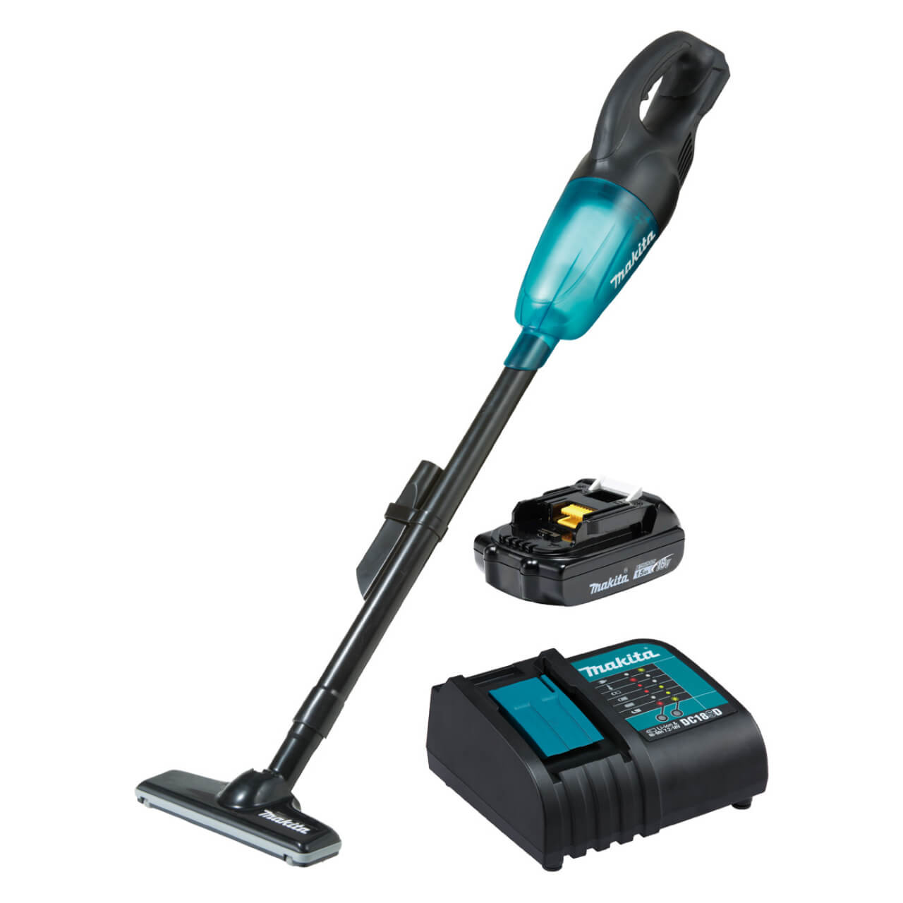 Makita 18V Stick Vacuum. black housing. high performance filter. transparent capsule Kit - Includes 1 x 1.5Ah Battery & Charger