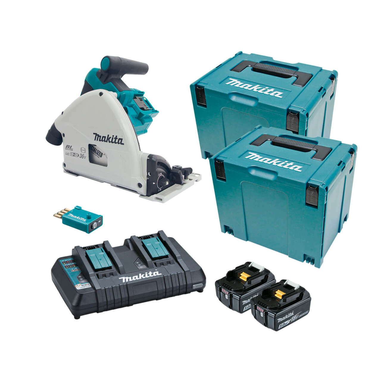 Makita 18Vx2 BRUSHLESS AWS 165mm Plunge Saw Kit - Includes 2 x 5.0Ah Batteries. Dual Port Rapid Charger & 2 x MakPac Case