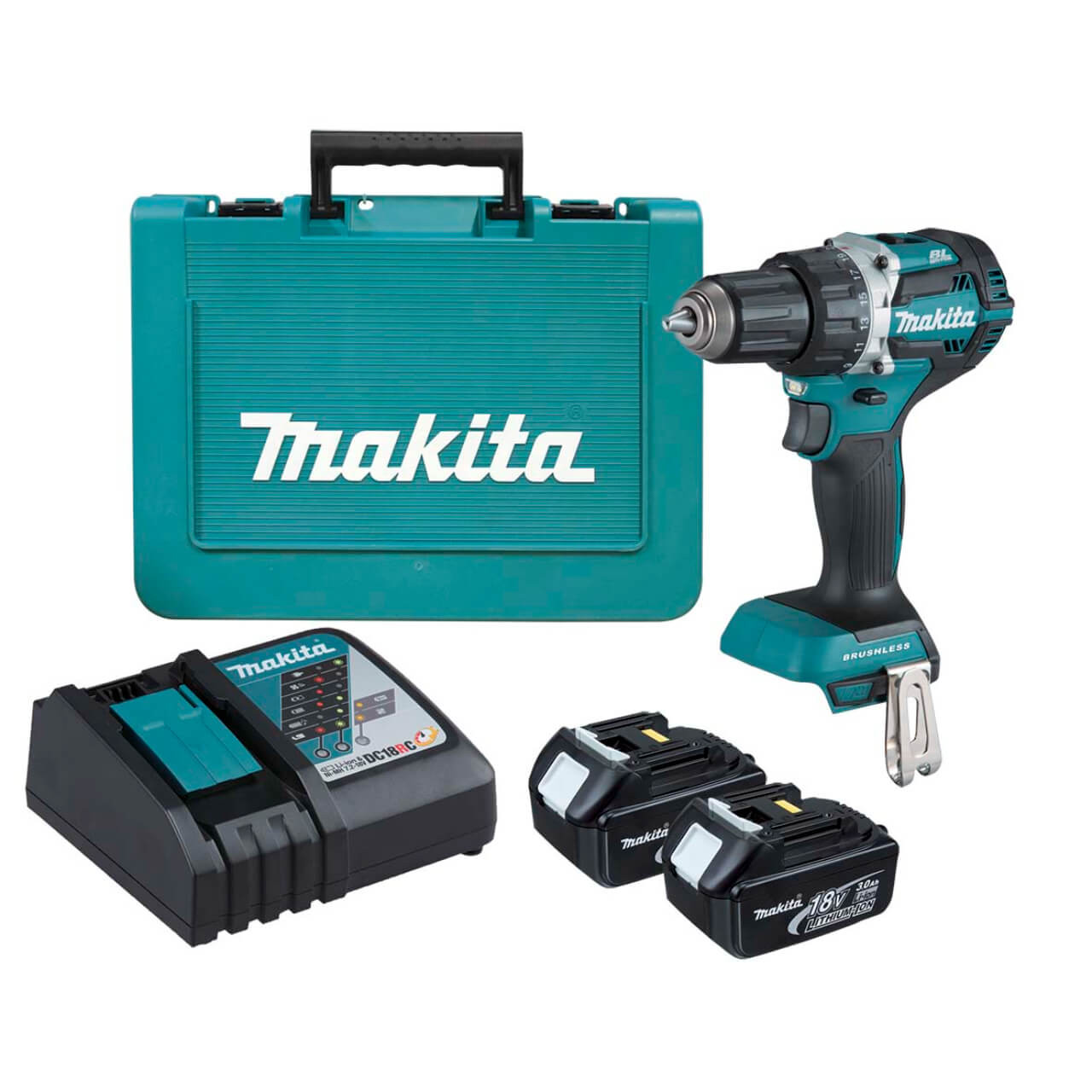 Makita 18V COMPACT BRUSHLESS Heavy Duty Driver Drill Kit - Includes 2 x 3.0Ah Batteries. Rapid Charger & Carry Case
