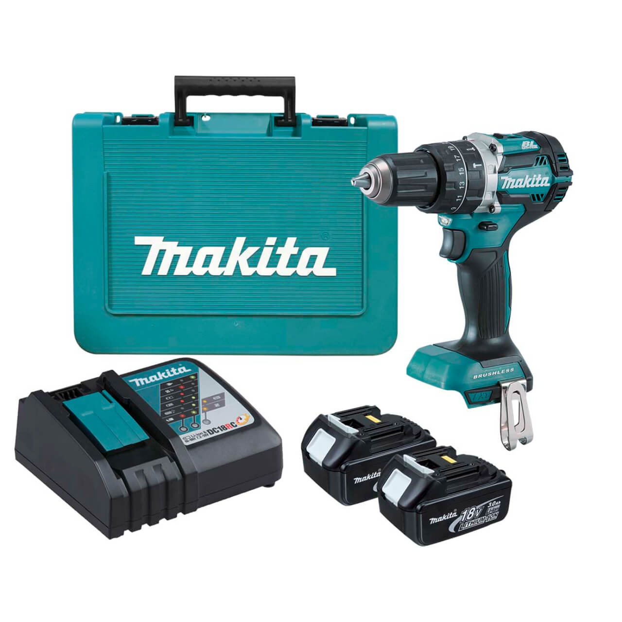 Makita 18V COMPACT BRUSHLESS Heavy Duty Hammer Driver Drill Kit - Includes 2 x 3.0Ah Batteries. Rapid Charger & Carry Case