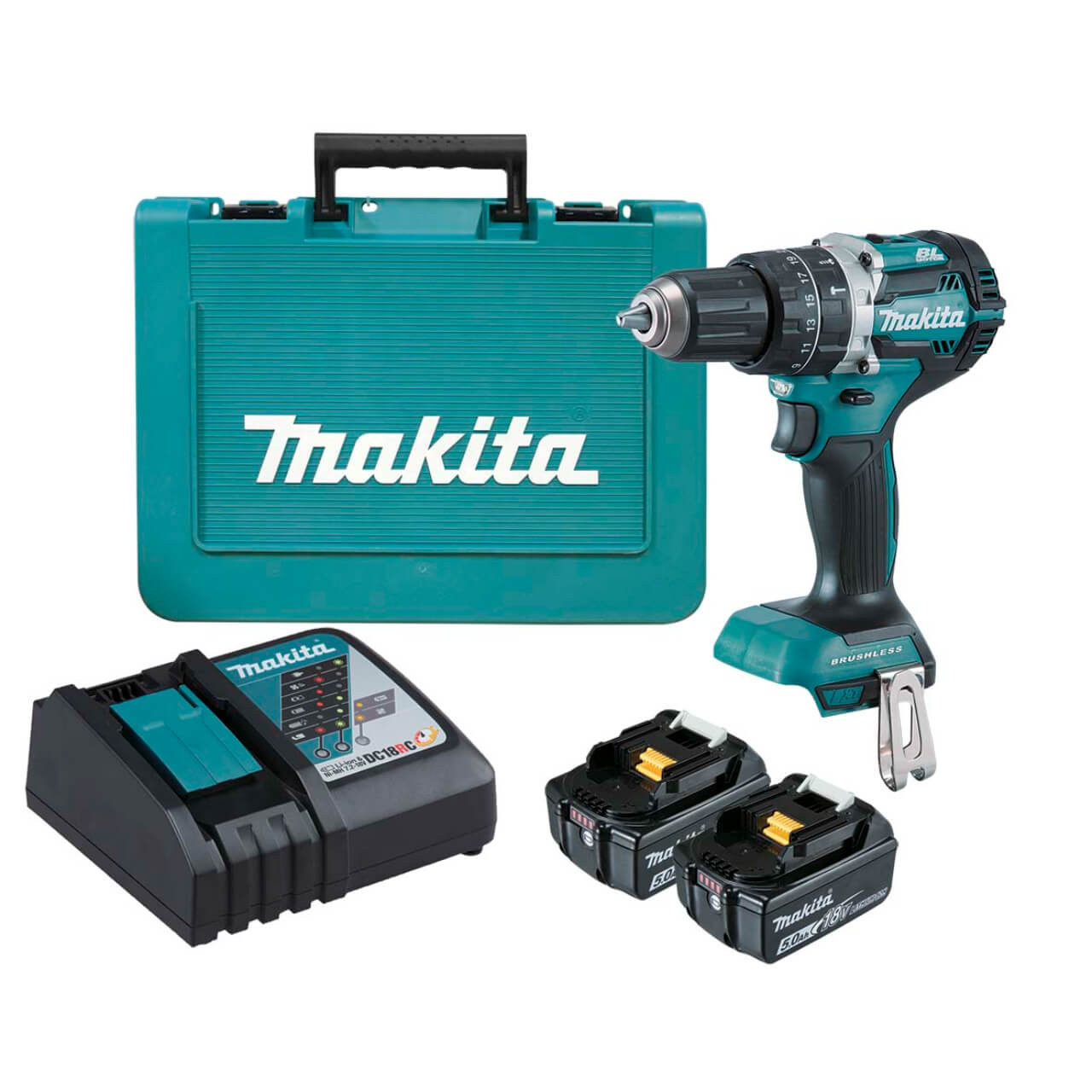 Makita 18V COMPACT BRUSHLESS Heavy Duty Hammer Driver Drill Kit - Includes 2 x 5.0Ah Batteries. Rapid Charger & Carry Case