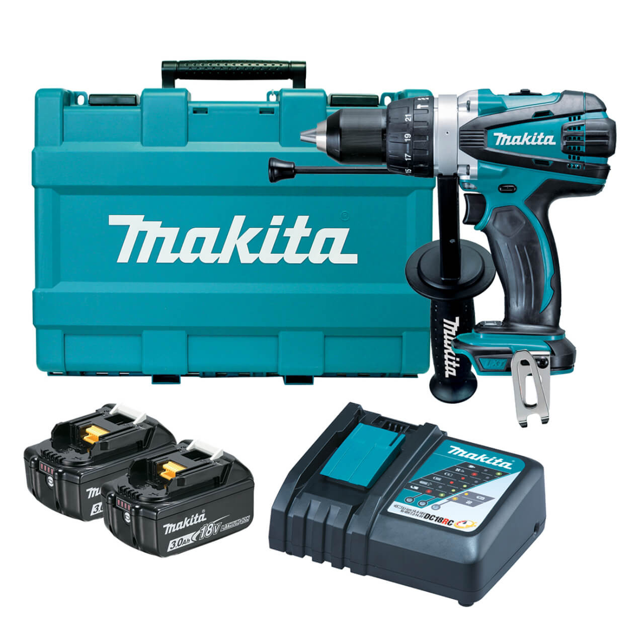 Makita 18V Heavy Duty Hammer Driver Drill Kit - Includes 2 x 3.0Ah Batteries. Rapid Charger & Carry Case