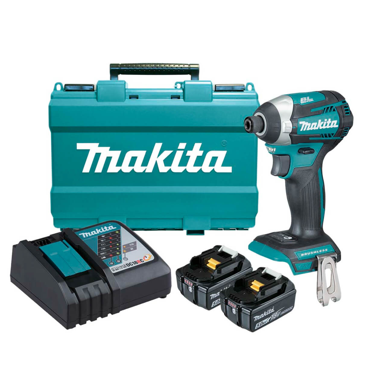 Makita 18V COMPACT BRUSHLESS 3-Stage Impact Driver Kit - Includes 2 x 5.0Ah Batteries. Rapid Charger & Carry Case