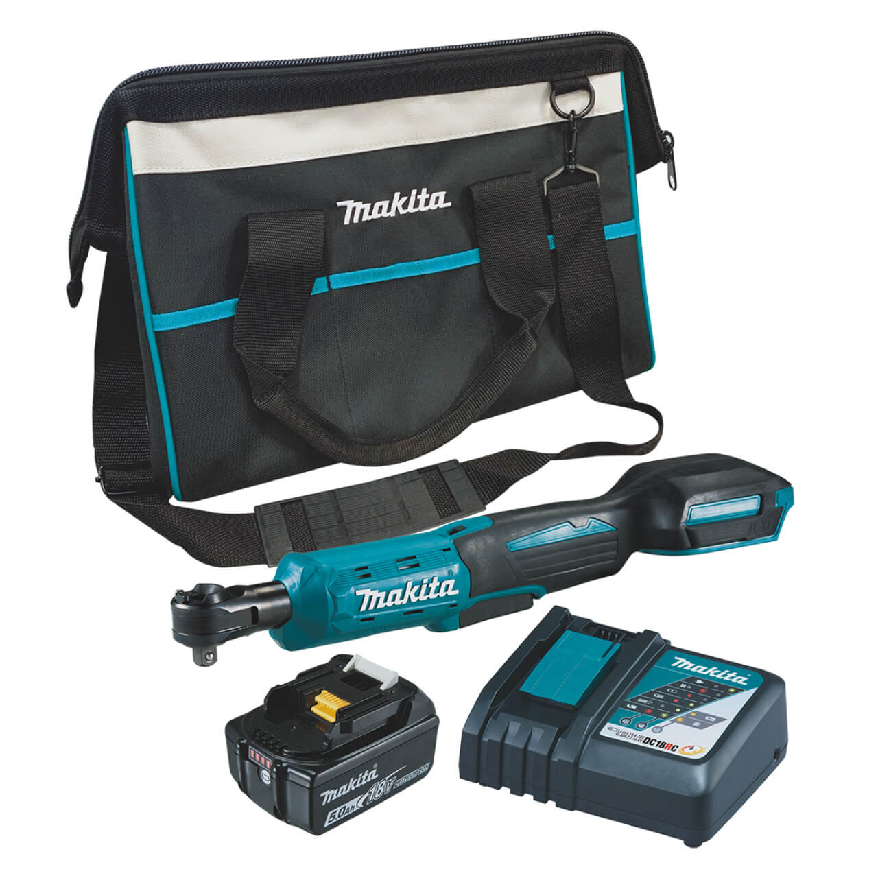 Makita 18V Ratchet Wrench 1/4” & 3/8” - Includes: 1x 5.0Ah Battery. Rapid Charger & Tote Bag