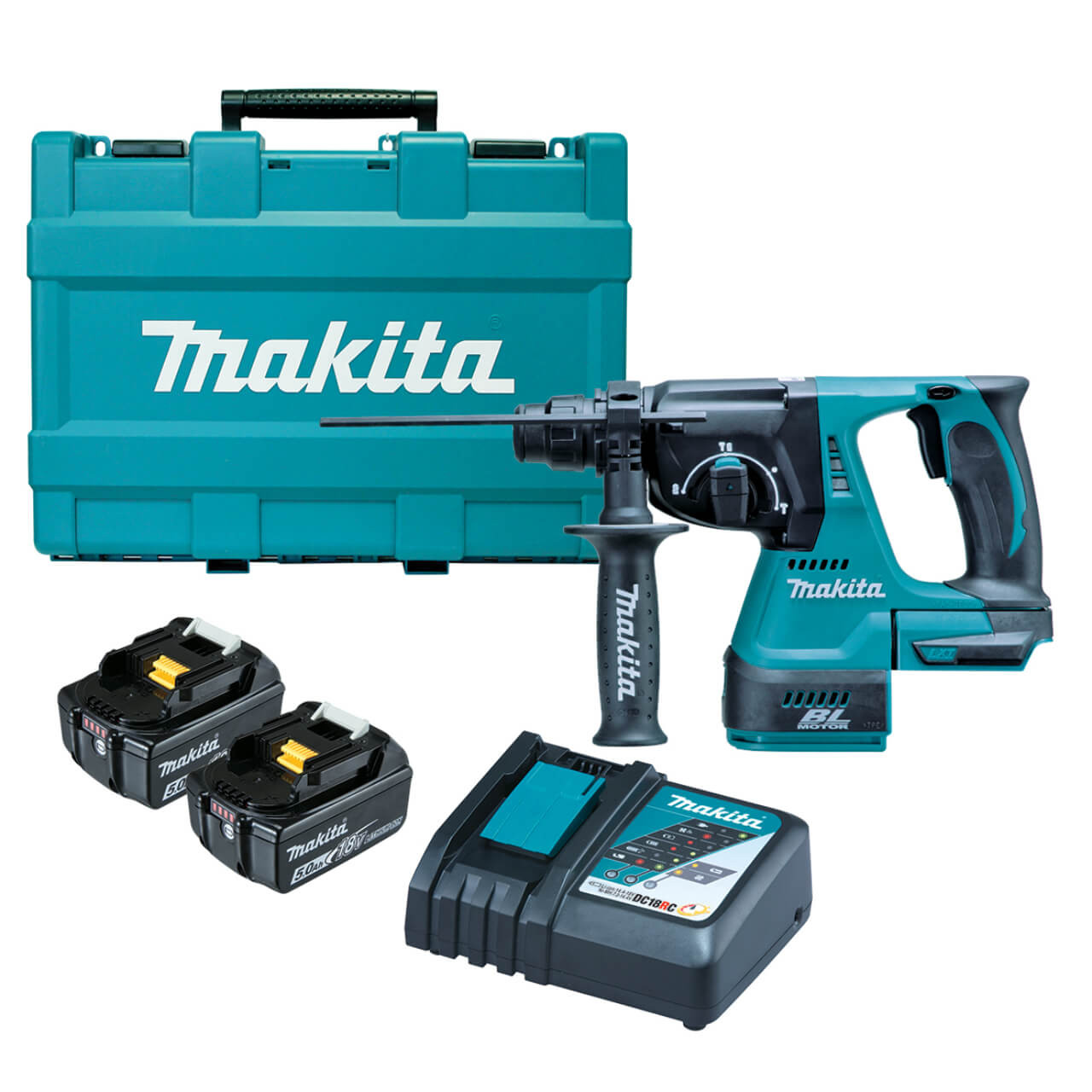 Makita 18V BRUSHLESS 24mm Rotary Hammer Kit - Includes 2 x 5.0Ah Batteries. Rapid Charger & Carry Case