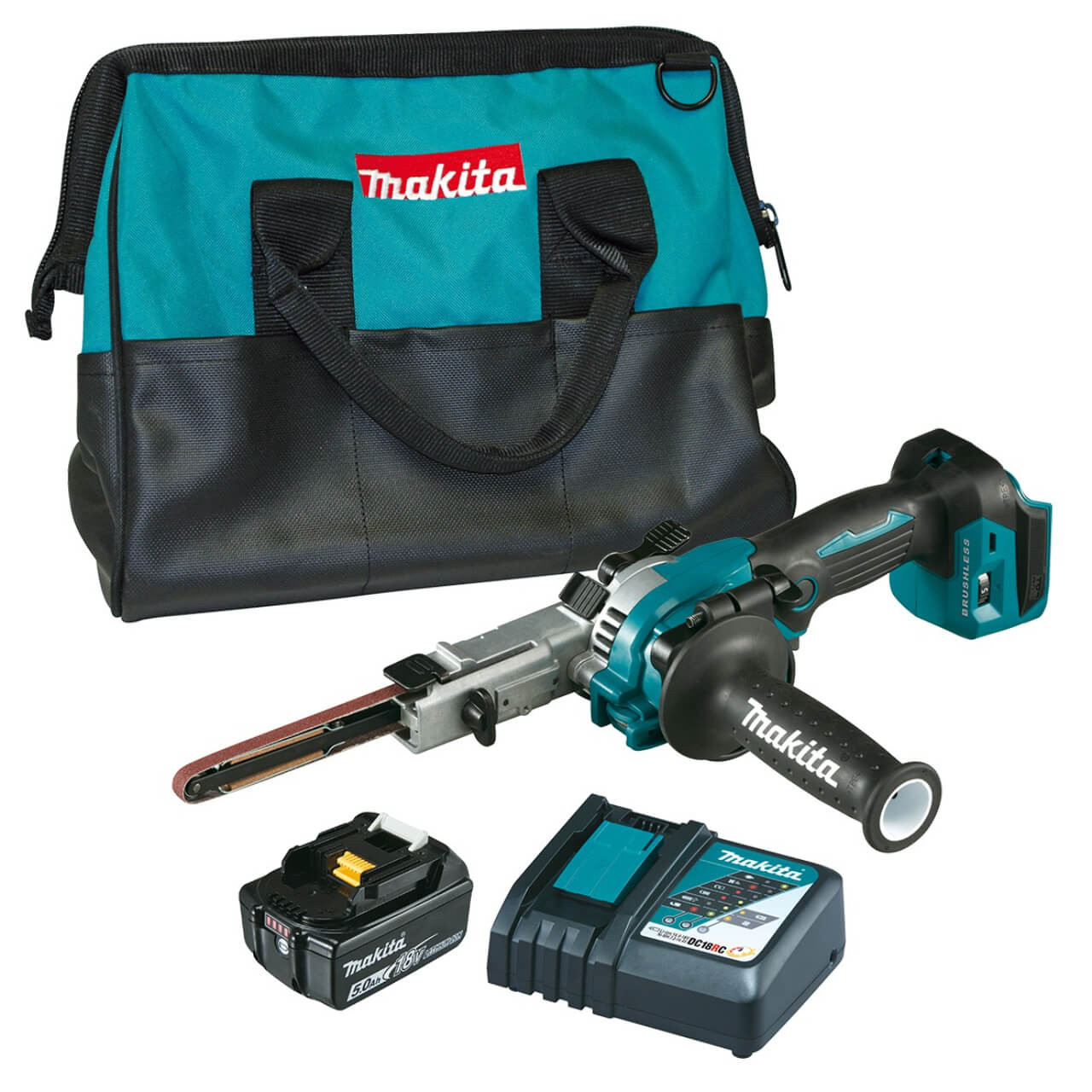 Makita 18V BRUSHLESS 9mm Power File Kit - Includes: 1x 5.0Ah Battery. Rapid Charger & Tote Bag