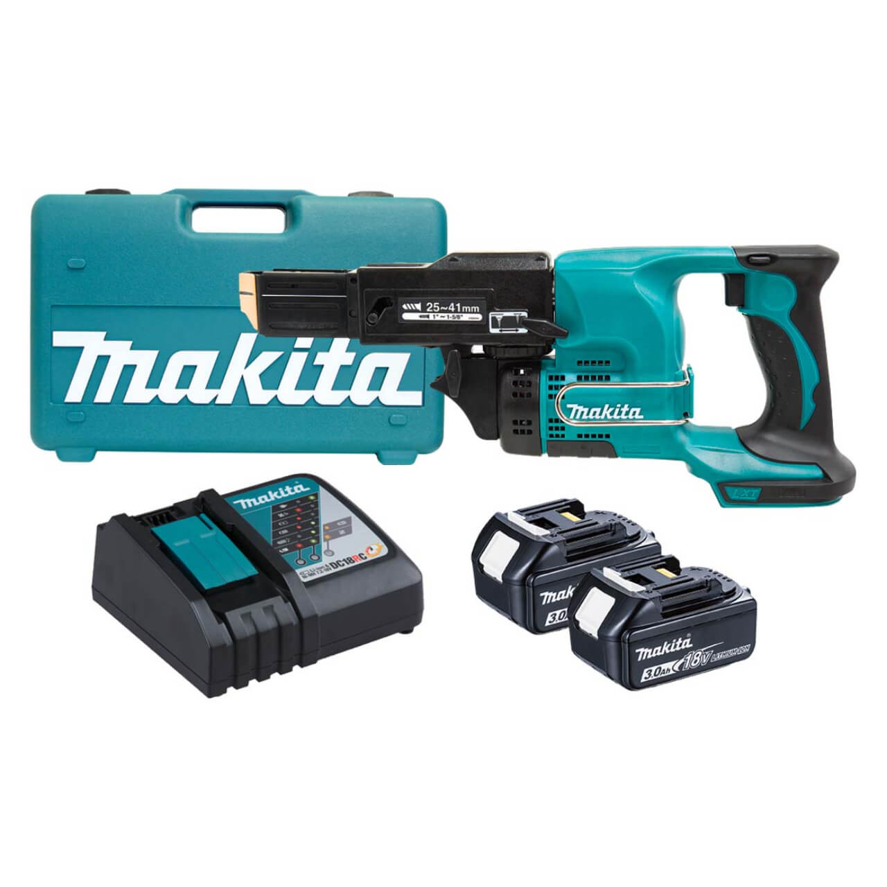 Makita 18V Autofeed Screwdriver Kit - Includes 2 x 3.0Ah Batteries. Rapid Charger & Carry Case