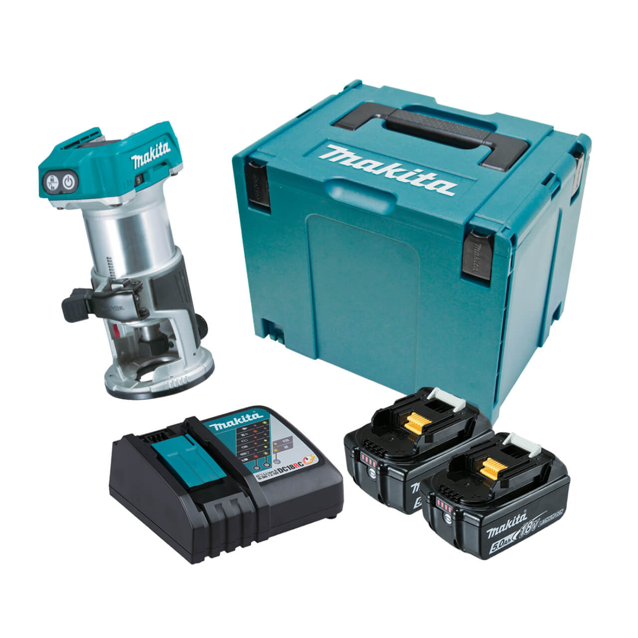 Makita 18V BRUSHLESS Laminate Trimmer Kit - Includes 2 x 5.0Ah Batteries. Rapid Charger & MakPac Case