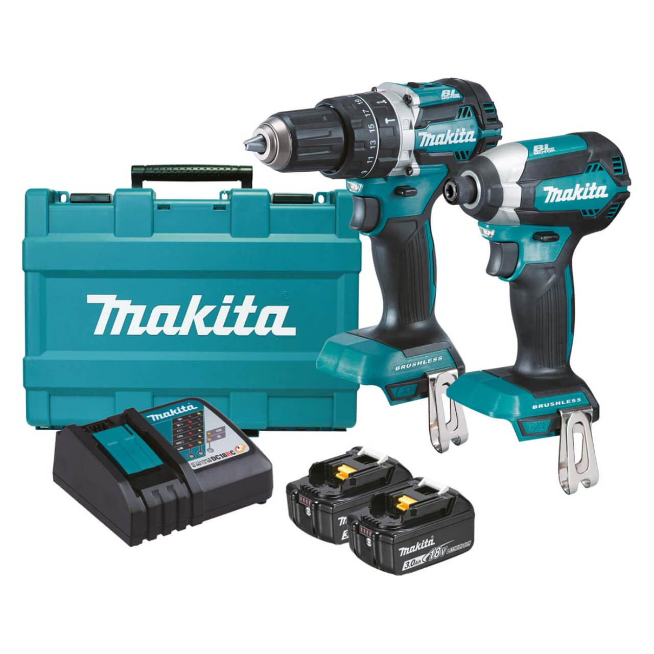 Makita 2 Piece BRUSHLESS Combo Kit - DHP484Z. DTD153Z. 2 x BL1830B. DC18RC & Carry Case