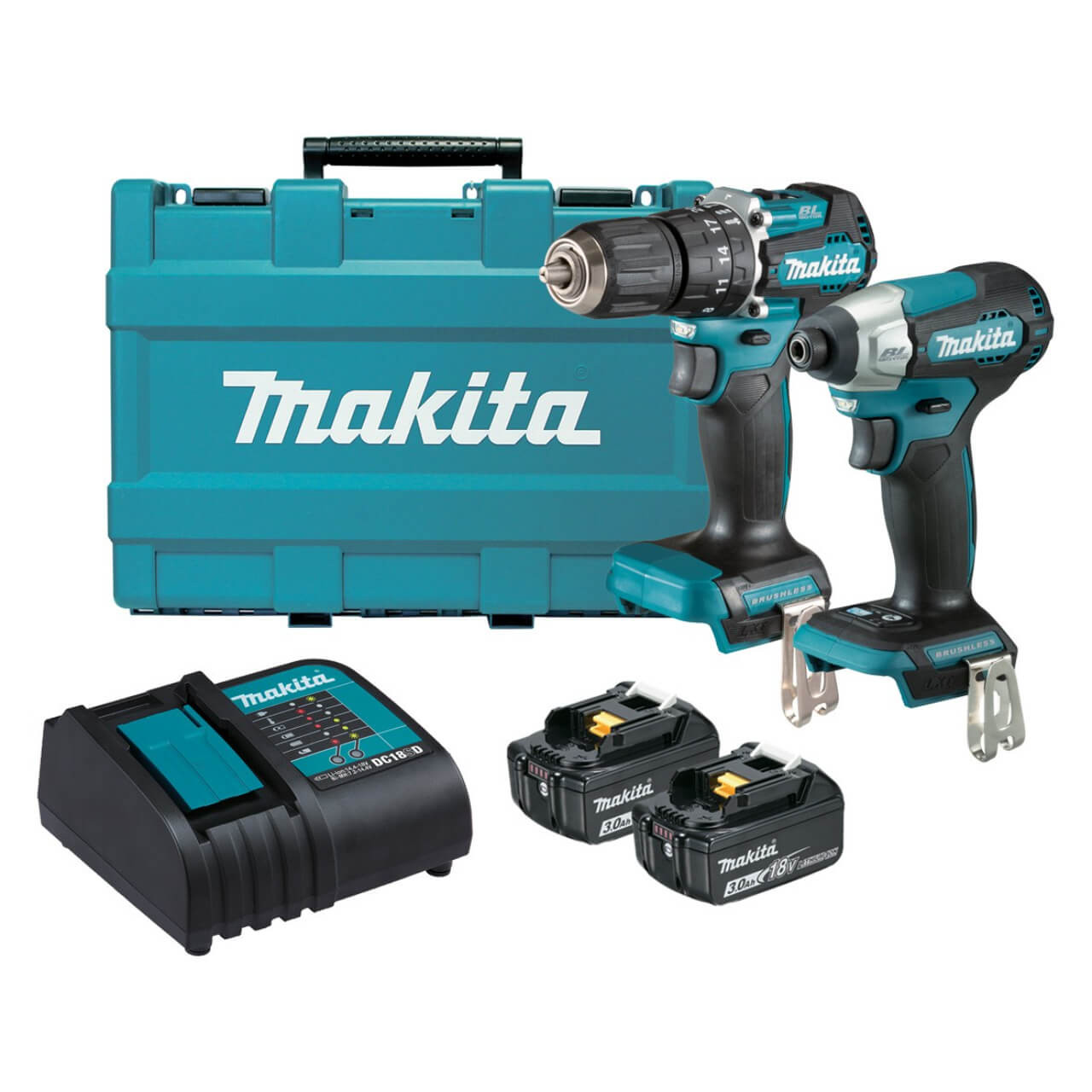 Makita 2 Piece BRUSHLESS Combo Kit - DHP487Z. DTD157Z. 2 x BL1830B. DC18SD & Carry Case