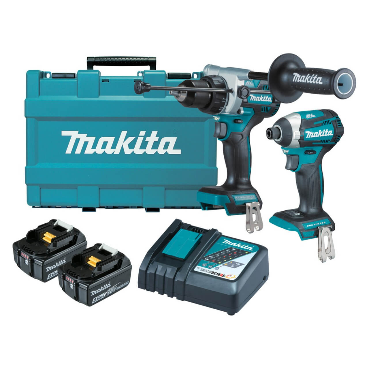 Makita 2 Piece BRUSHLESS Combo Kit - DHP486Z. DTD154Z. 2 x BL1850B. DC18RC & Carry Case