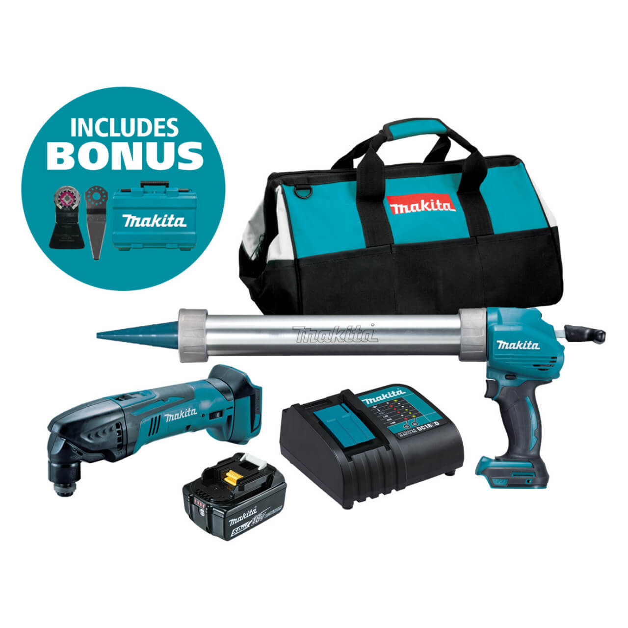 Makita 2 Piece Combo Kit - DCG180ZB. DTM50Z. 1 x BL1850B. DC18SD & Tote Carry Bag