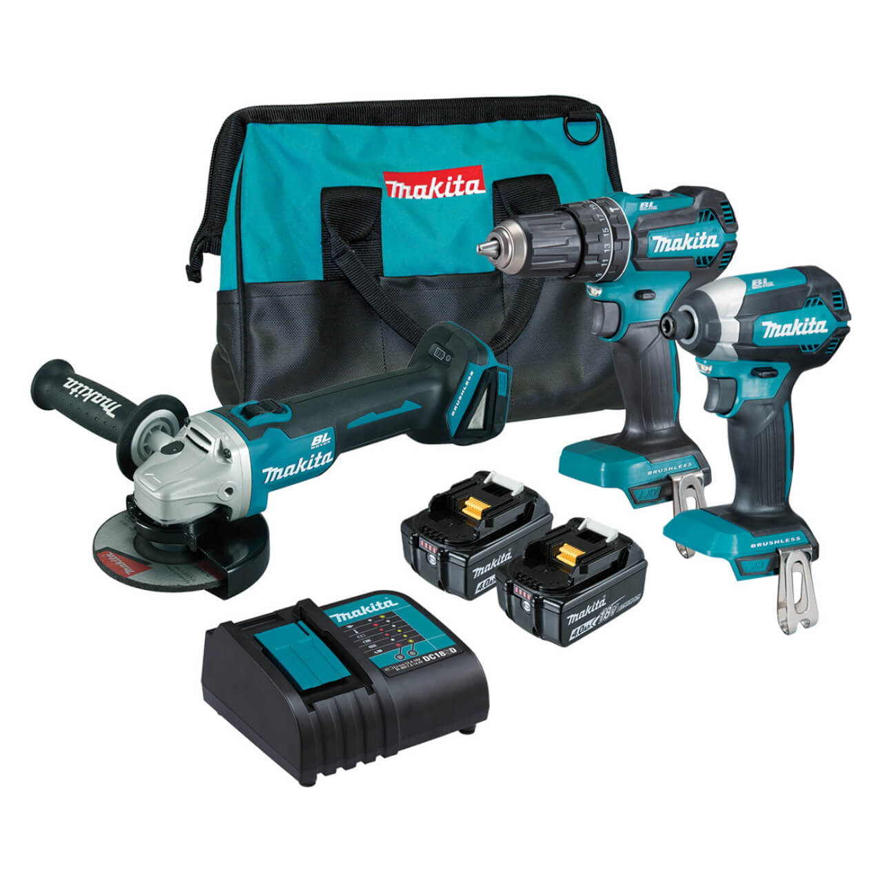 Makita 3 Piece BRUSHLESS Combo Kit - DHP485Z. DTD153Z. DGA504Z. 2 x BL1840B. DC18SD & Carry Bag