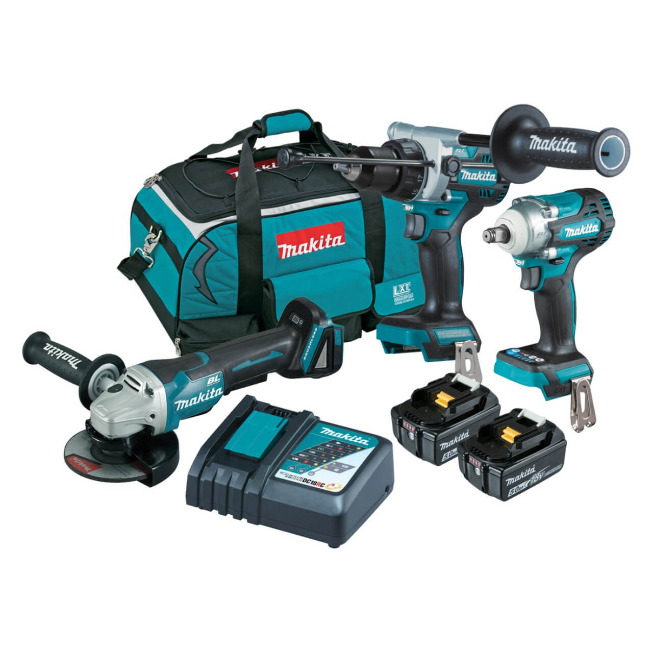 Makita 3 Piece BRUSHLESS Combo Kit - DHP486Z. DTW300Z. DGA508Z. 2 x BL1850B. DC18RC & Carry Bag