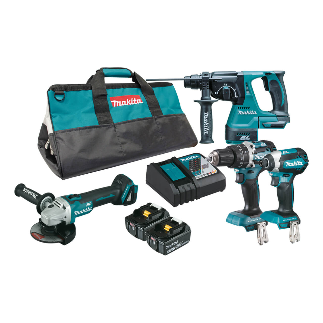 Makita 4 Piece BRUSHLESS Combo Kit - DHP484Z. DTD153Z. DGA504Z. DHR242Z. 2 x BL1850B. DC18RC & Tote Carry Bag