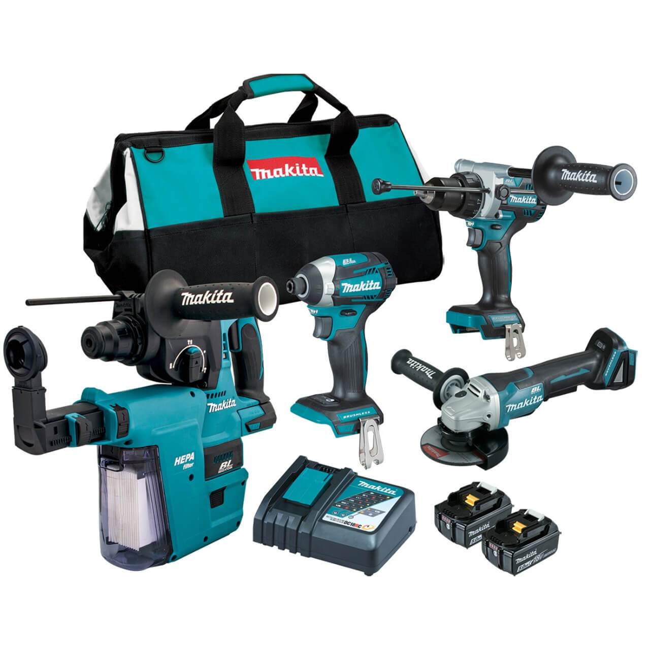 Makita 4 Piece BRUSHLESS Combo Kit - DHP486Z. DTD154Z. DGA505Z. DHR242Z. DX06. 2 x BL1850B. DC18RC & Tote Carry Bag