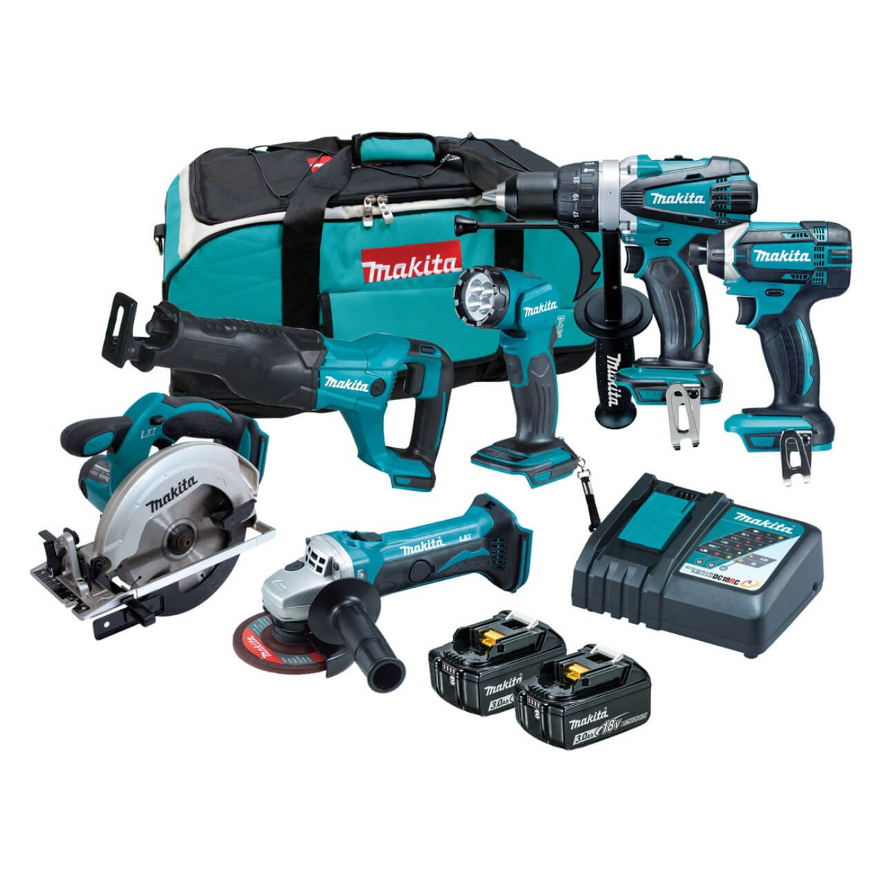 Makita 6 Piece Combo Kit - DHP458Z. DTD152Z. DGA452Z. DSS611Z. DJR186Z. DML815. 2 x BL1830B. DC18RC & Carry Bag