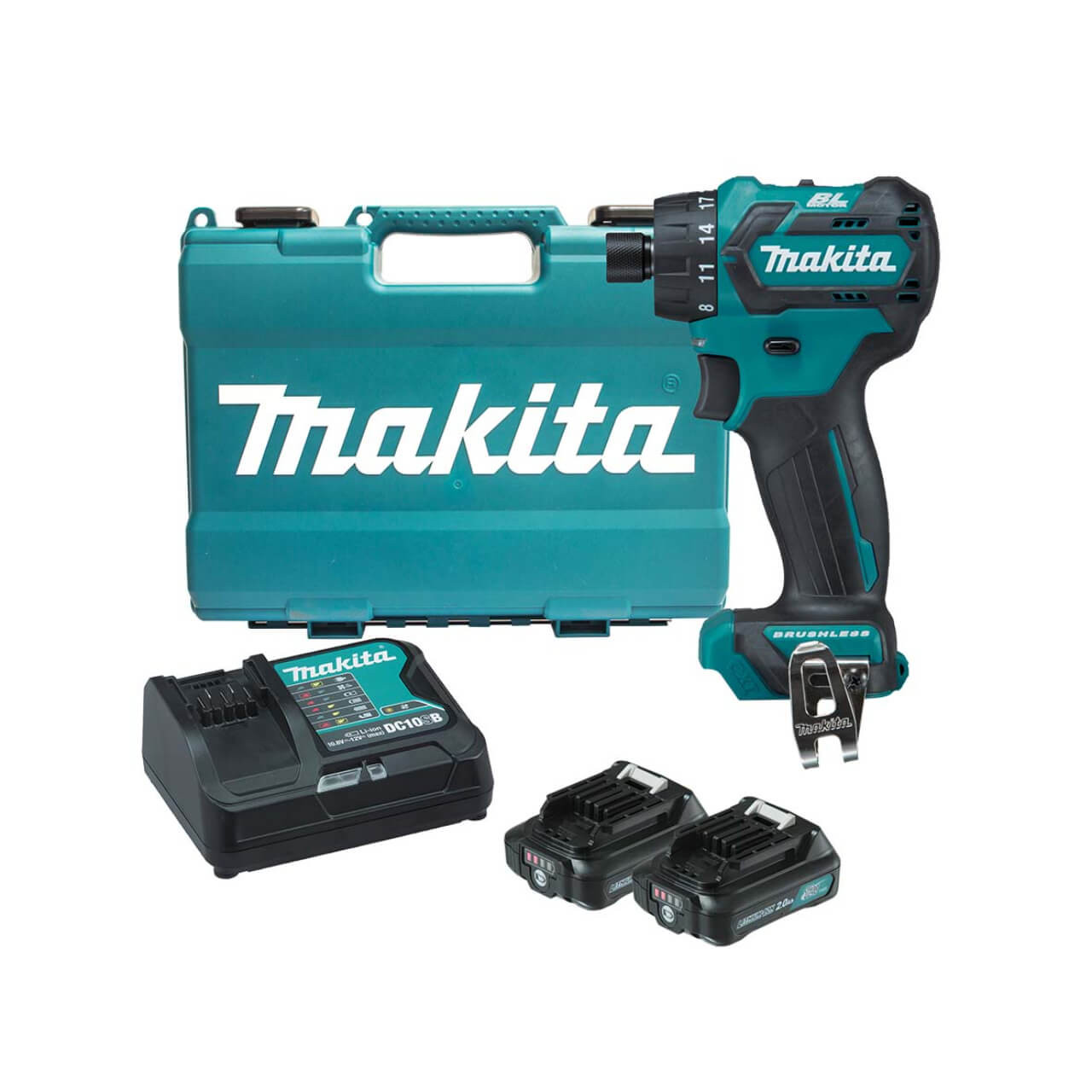 Makita 12V Max BRUSHLESS 1/4” Hex Chuck Driver Drill Kit - Includes 2 x 2.0Ah Batteries. Rapid Charger & Case