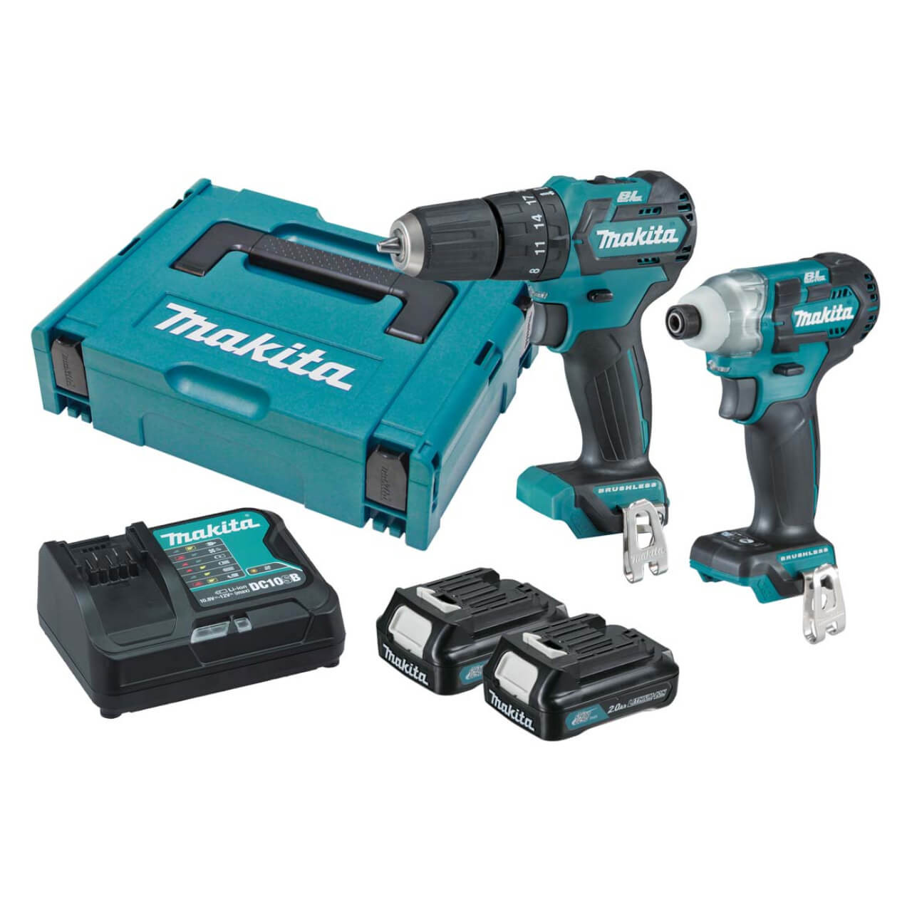 Makita 2 Piece BRUSHLESS Combo Kit - HP332DZ. TD111DZ. 2 x BL1021B. DC10SB. Connector Case (821549-5)