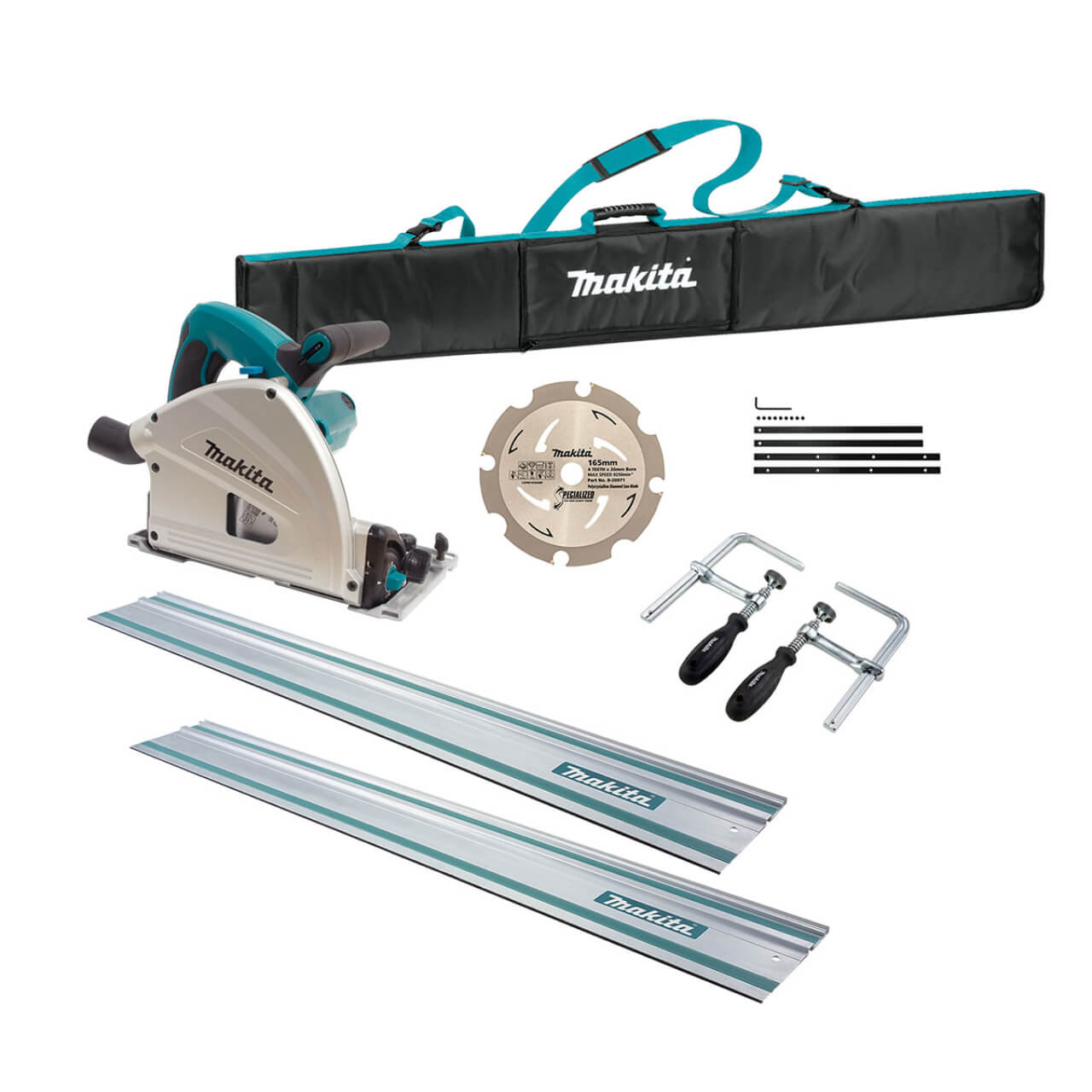Makita 165mm (6-1/2”) Plunge Cut Circular Saw Kit - Includes 2 x 1400mm tracks. joiners. 2 x G-clamps. track bag & PCD fibre cement blade