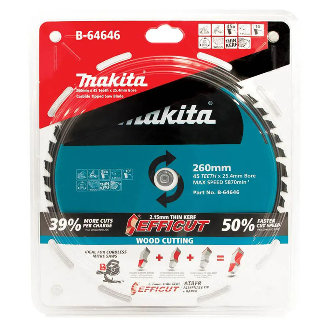 Makita Efficut 260mm x 25.4mm x 45T TCT Wood Saw Blade - Mitre Saw