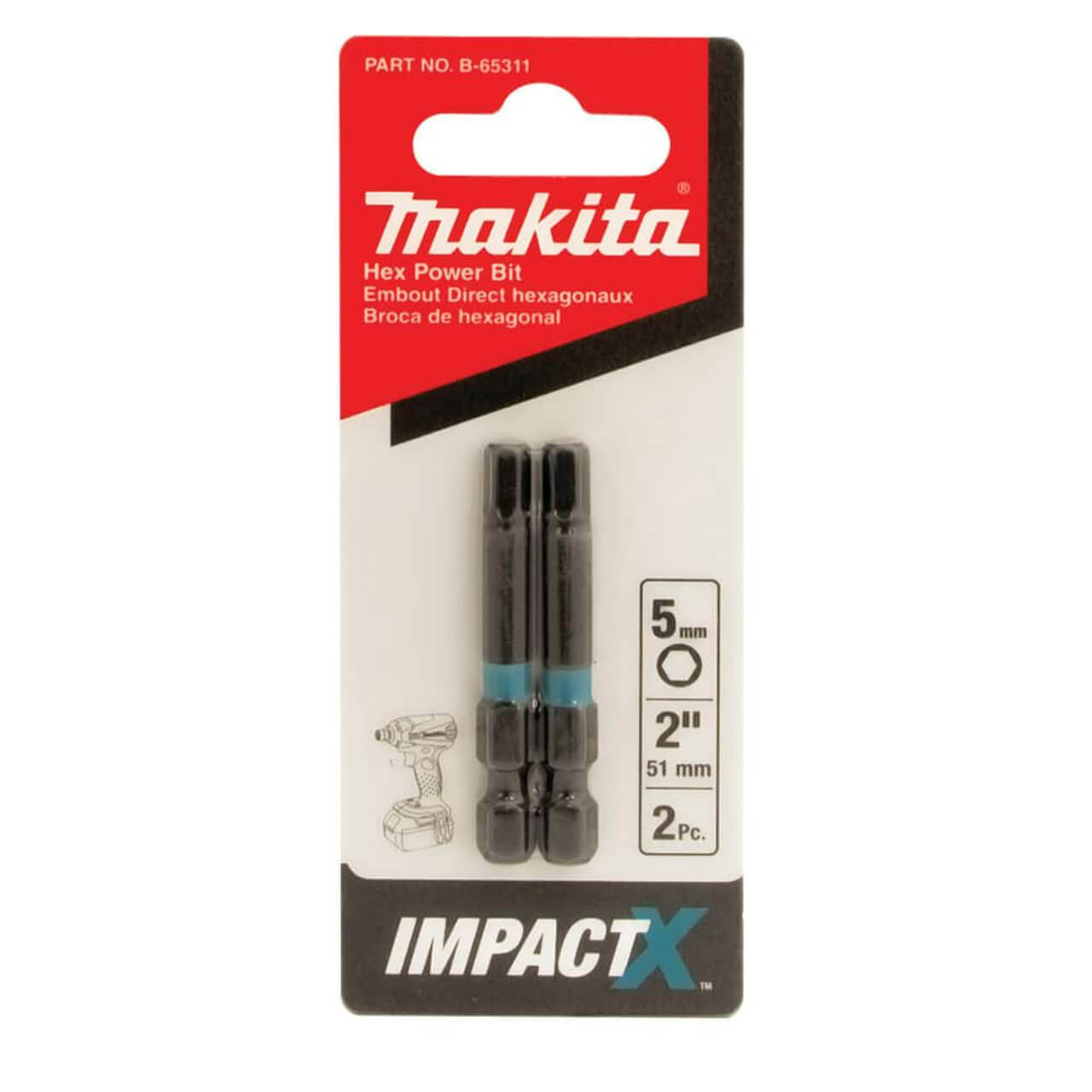 Makita Impact-X Hex 5mm X 50mm Driver Bit - 2pc
