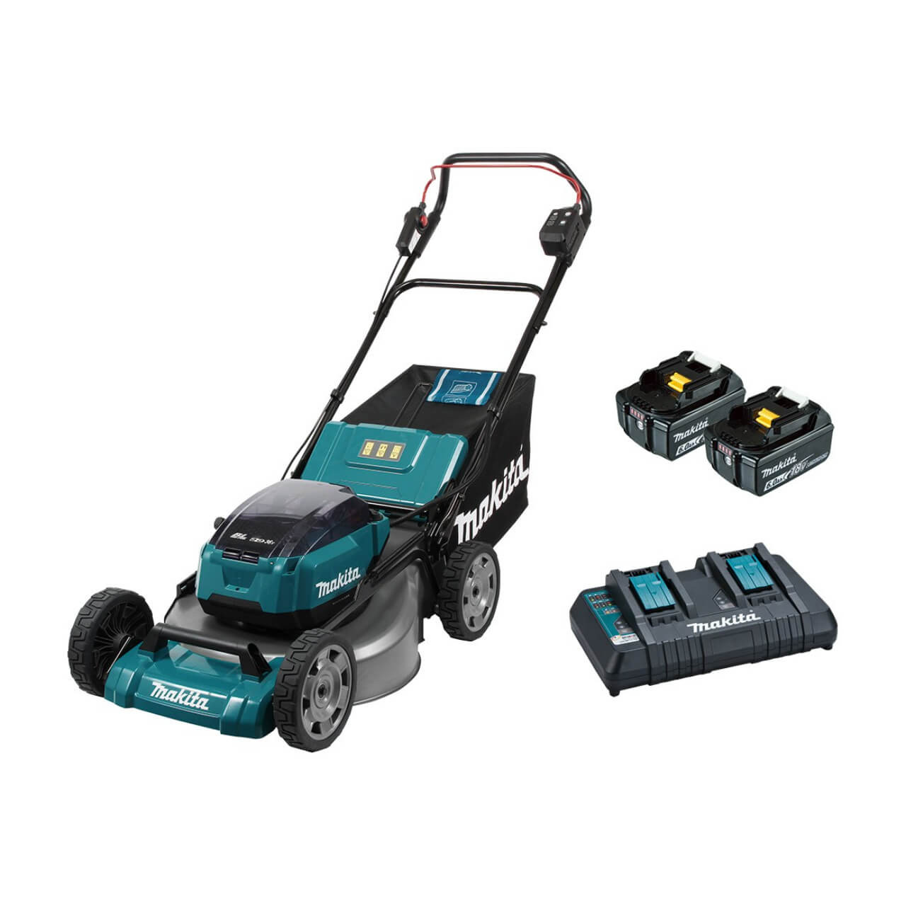 Makita 18Vx2 BRUSHLESS 534mm (21”) Lawn Mower Kit, Heavy Duty Steel Deck - Includes 2 x 6.0Ah Batteries & Dual Port Rapid Charger