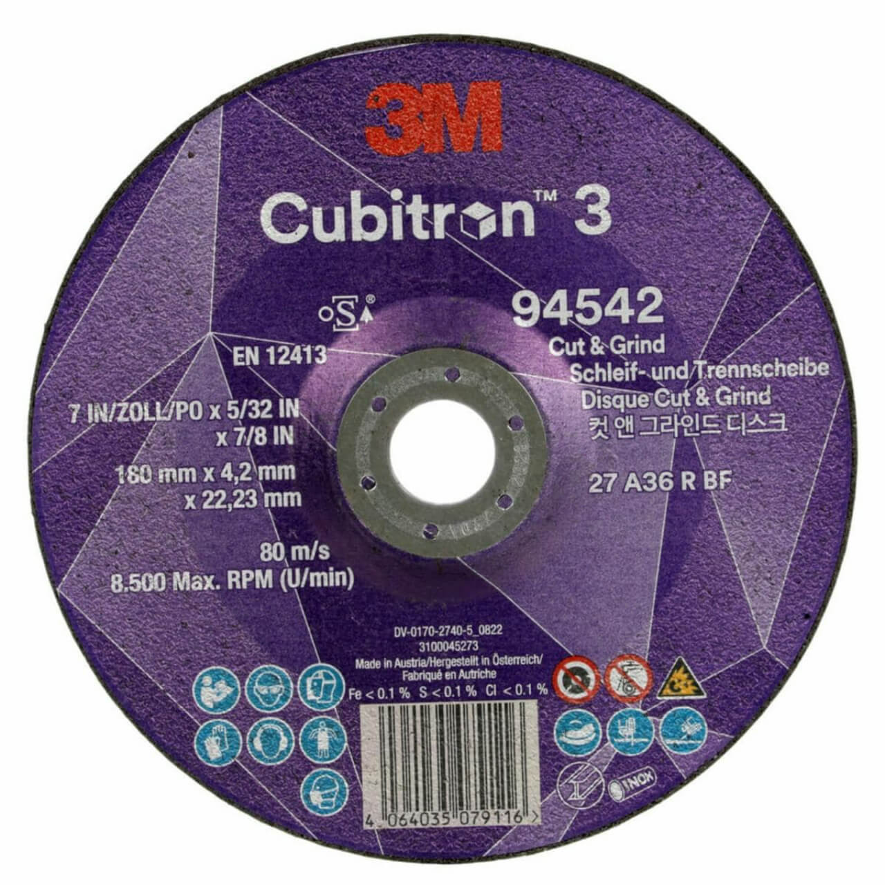 3M Cubitron 3 180x4.2x22 36+ Cut & Grind Wheel 10/box