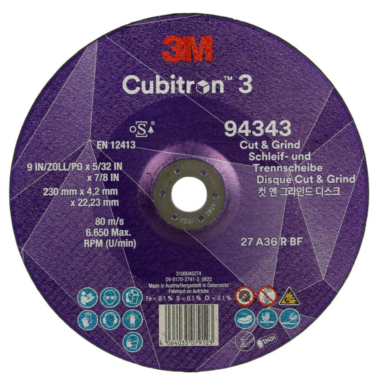 3M Cubitron 3 230x4.2x22 36+ Cut & Grind Wheel 10/box