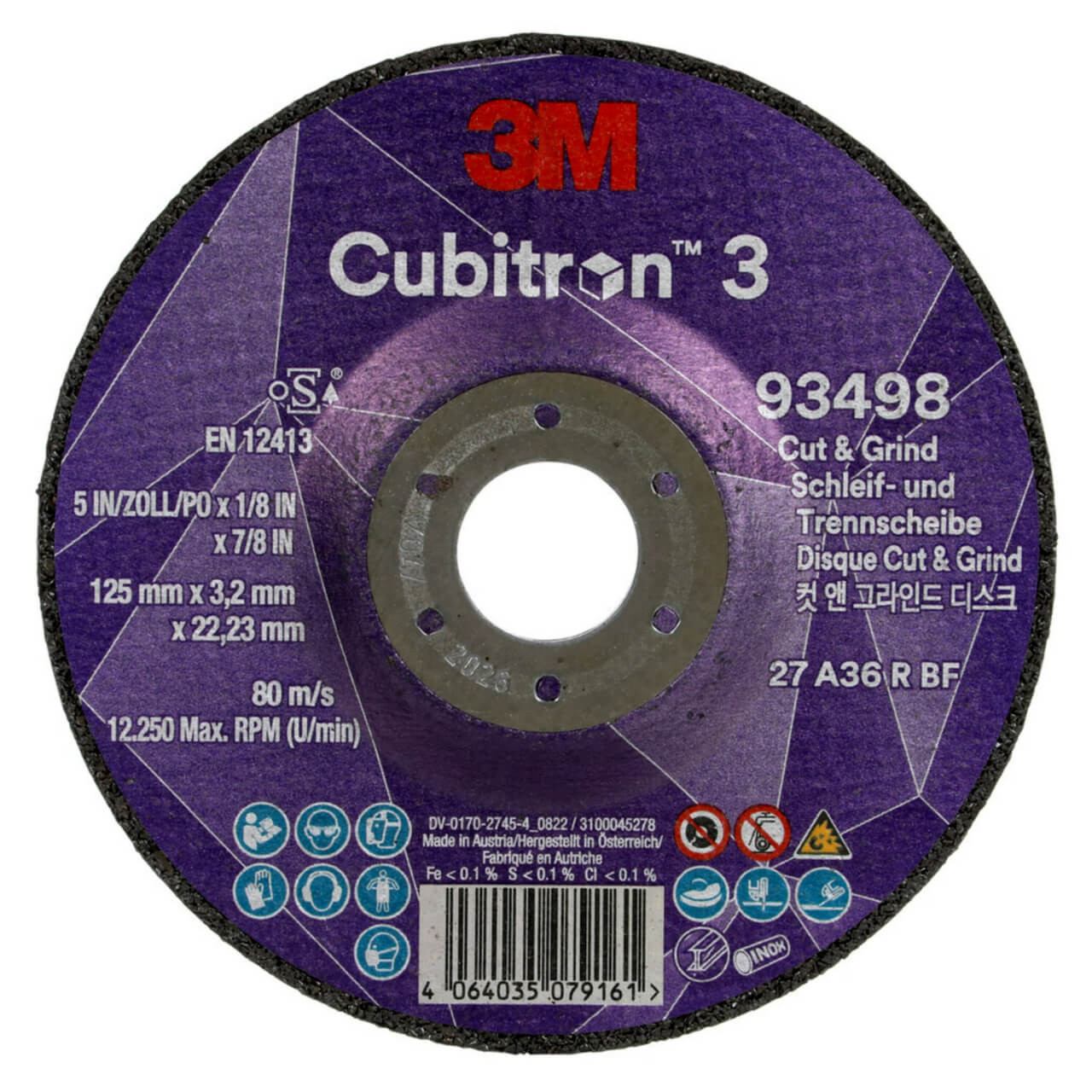 3M Cubitron 3 125x3.2x22 36+ Cut & Grind Wheel 10/box