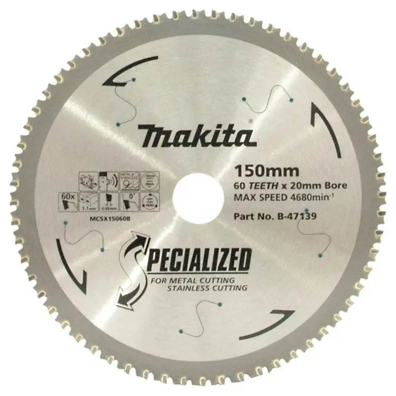 Makita Stainless Steel TCT Saw Blade 150mm x 20mm x 60T - CERMET