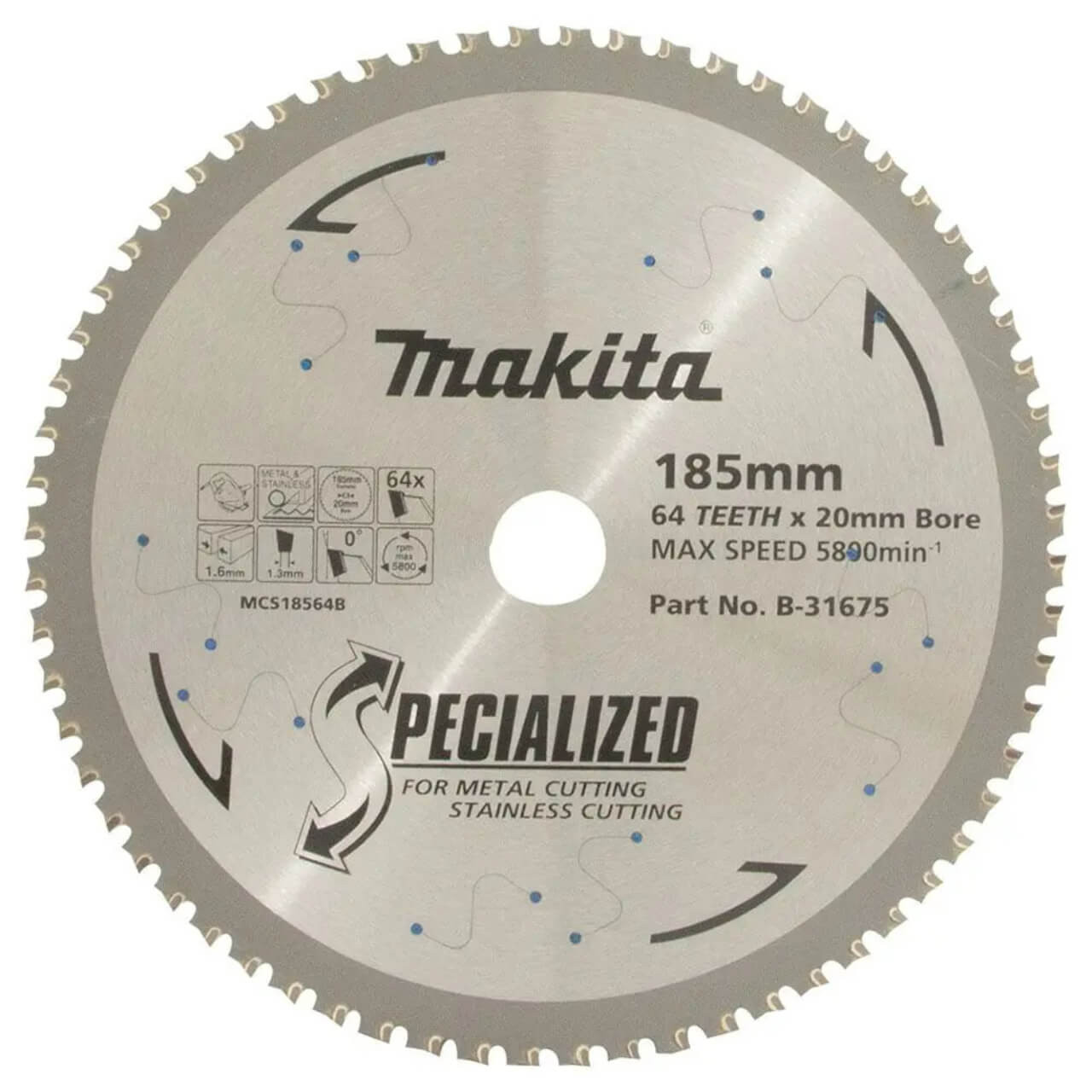 Makita Stainless Steel TCT Saw Blade 185mm x 20mm x 64T - CERMET
