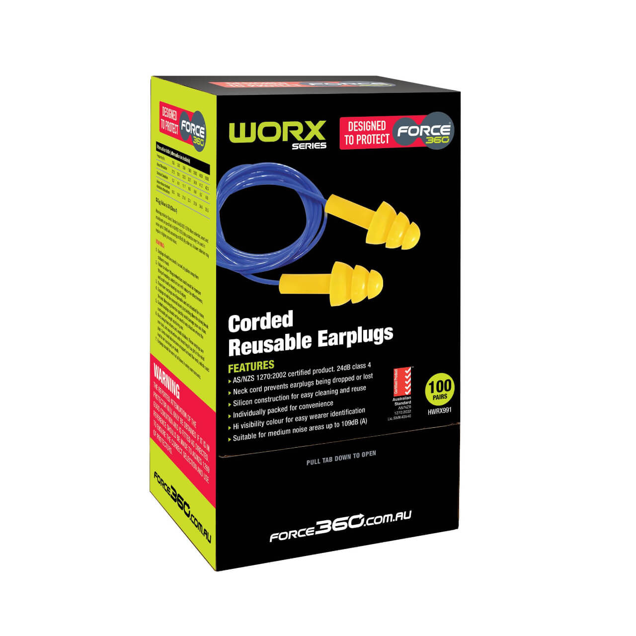 Force360 Silicone Corded Reuseable Earplug Class 4. 24dB 100/box