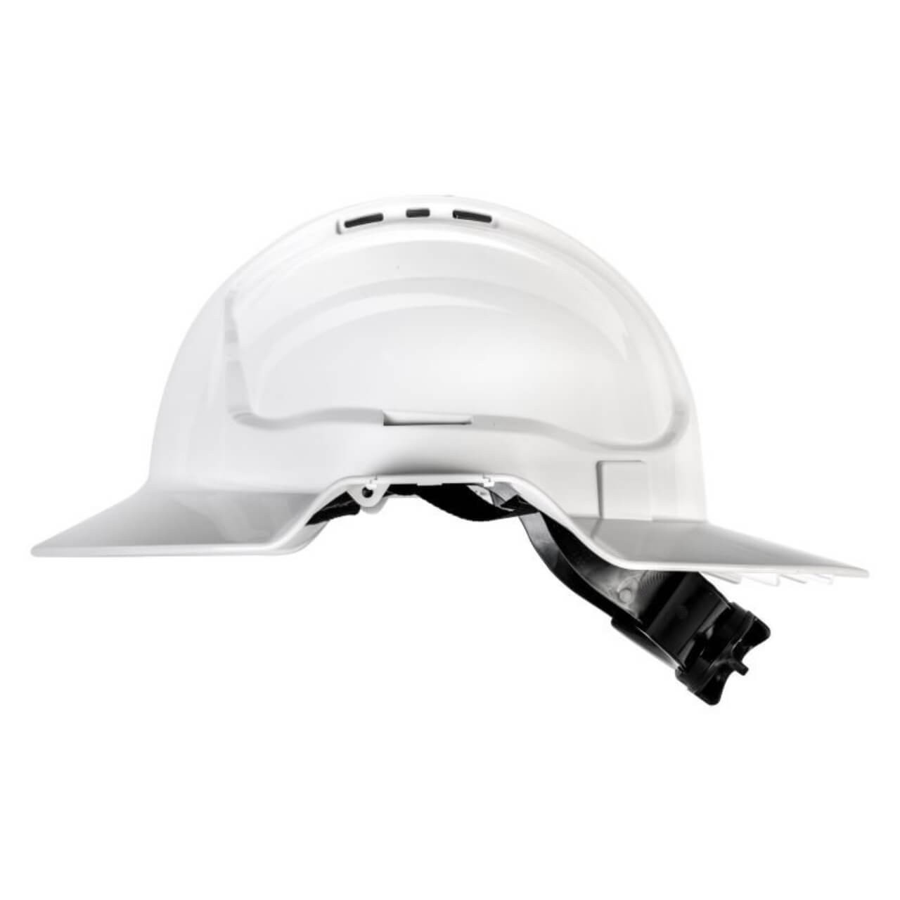 White Broad Brim Vented Hard Hat – Ratchet