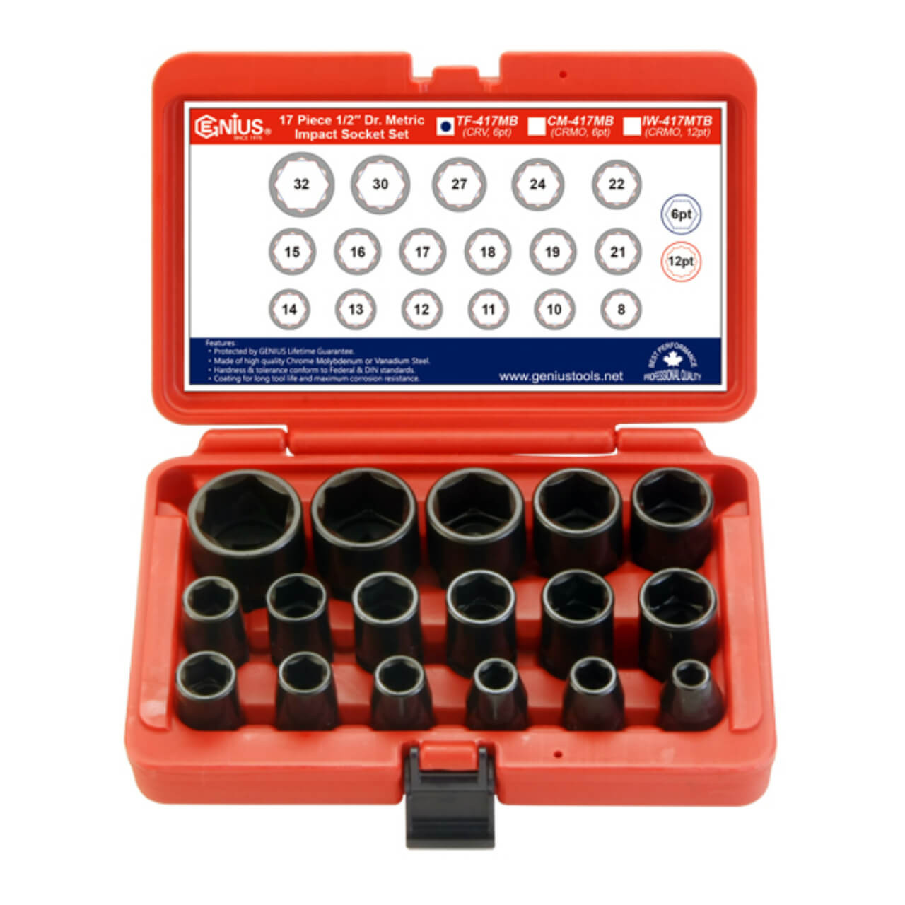 Genius 1/2 Dr 8-32mm Cr-V Socket Set Metric 17pce