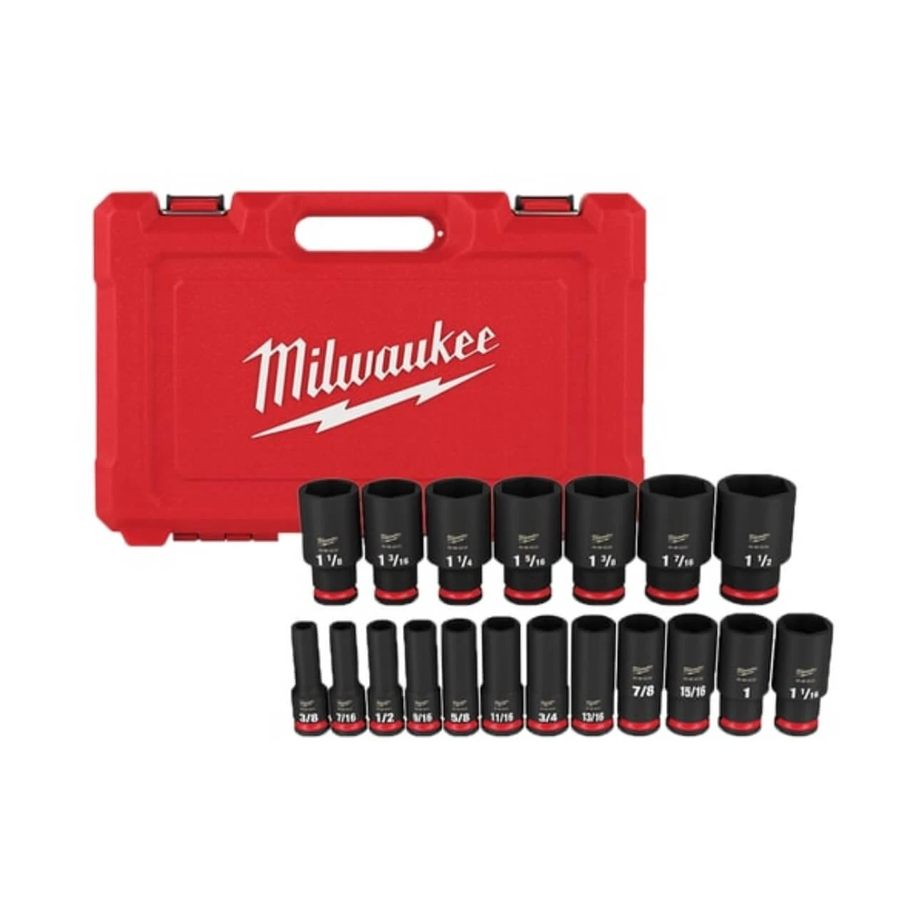 Milwaukee Shockwave 3/8-1-1/2 1/2 Dr 6pt Deep Impact Socket Set Imperial 19pce