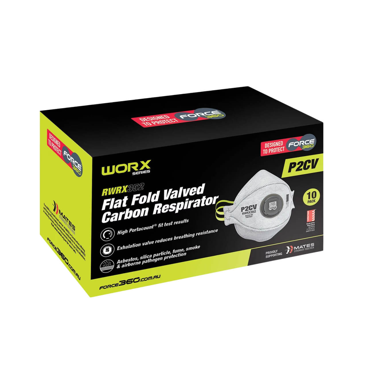 Force360 P2V Flat Fold Carbon Disposable Respirator 10/box