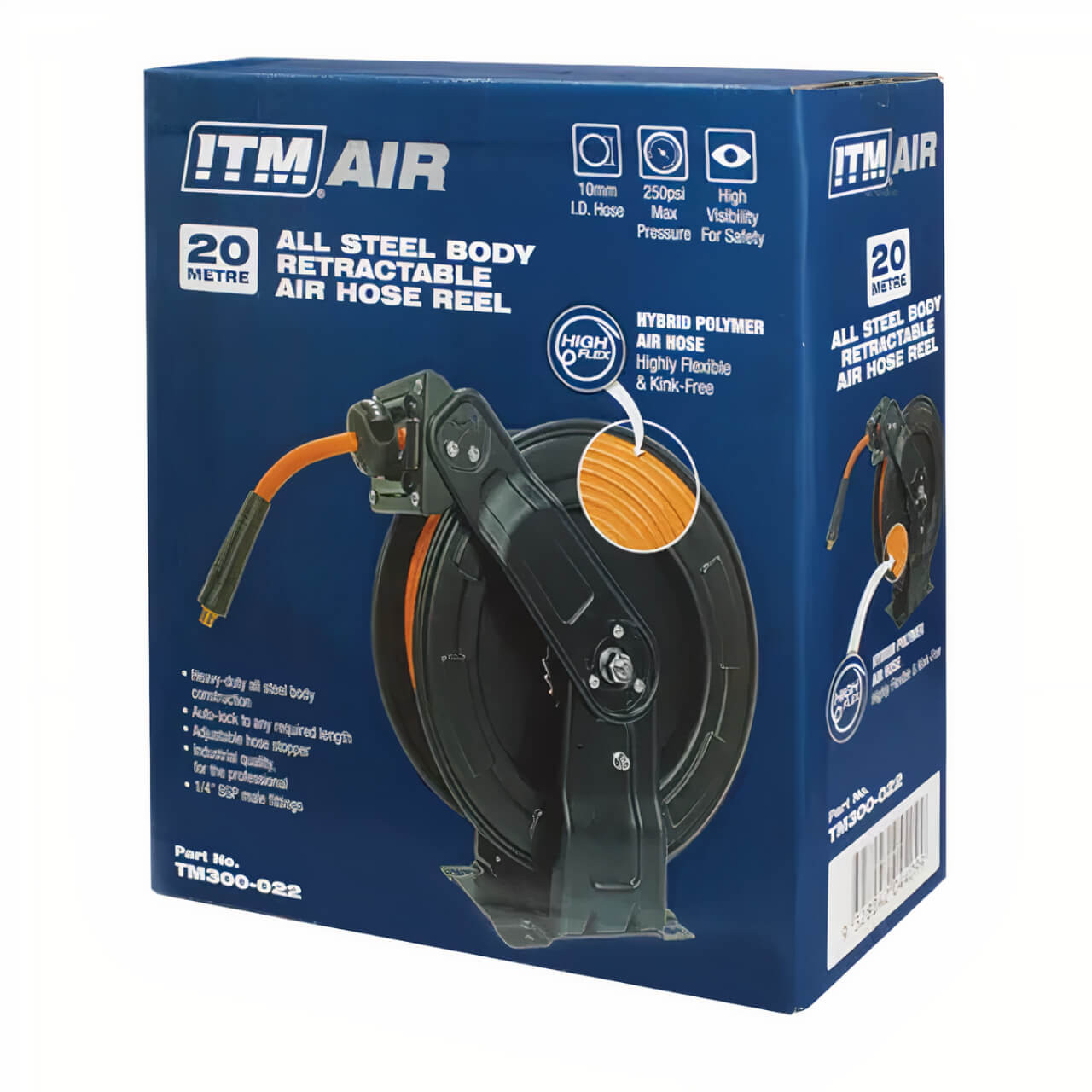 ITM Steel Retractable Air Hose Reel 10mm x 20m Hybrid Polymer Air Hose With 1/4” Bsp Male Fitting