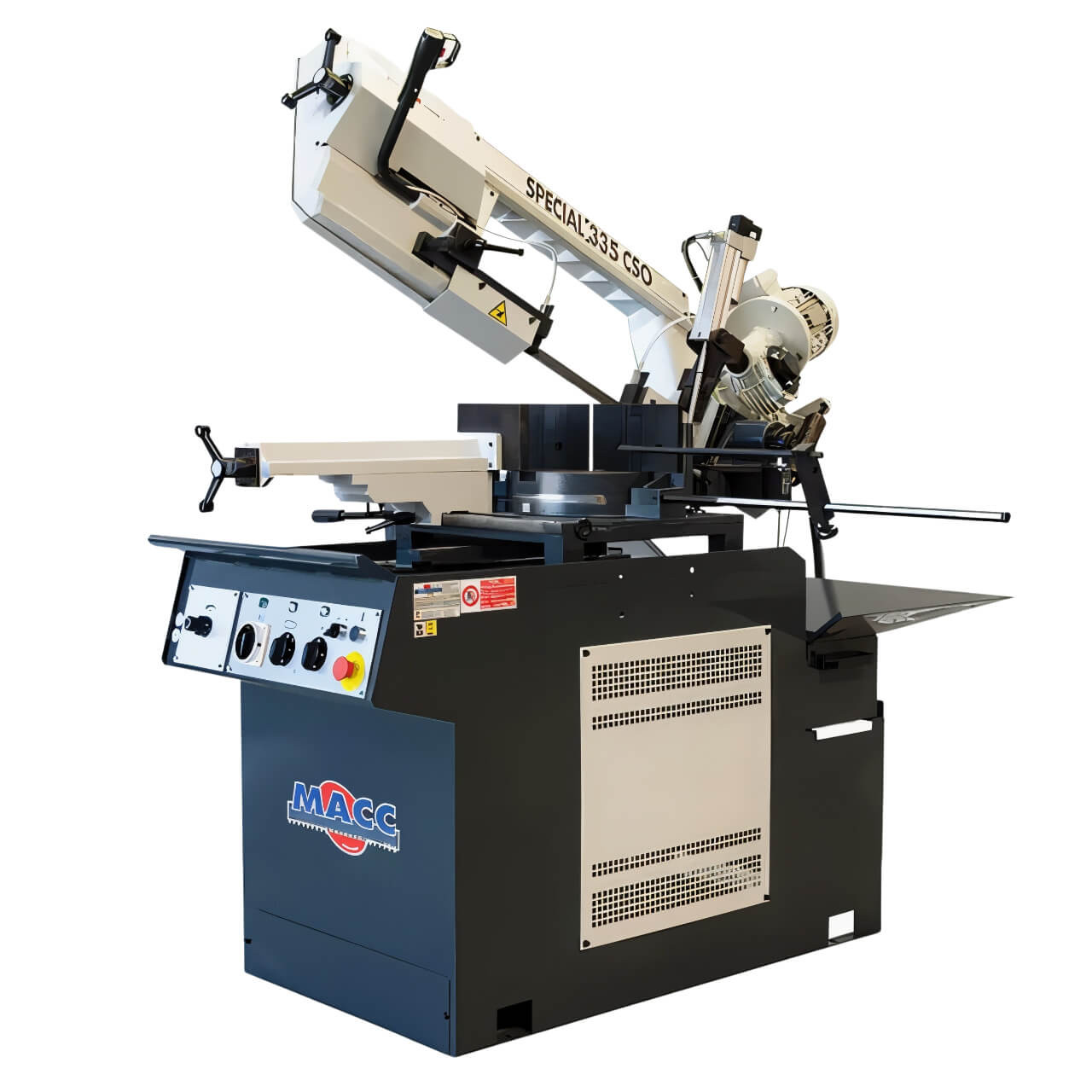 Macc Bandsaw 260mm Cap Swivel Head Dual Mitre 415V 3Ph Hyd Downfeed