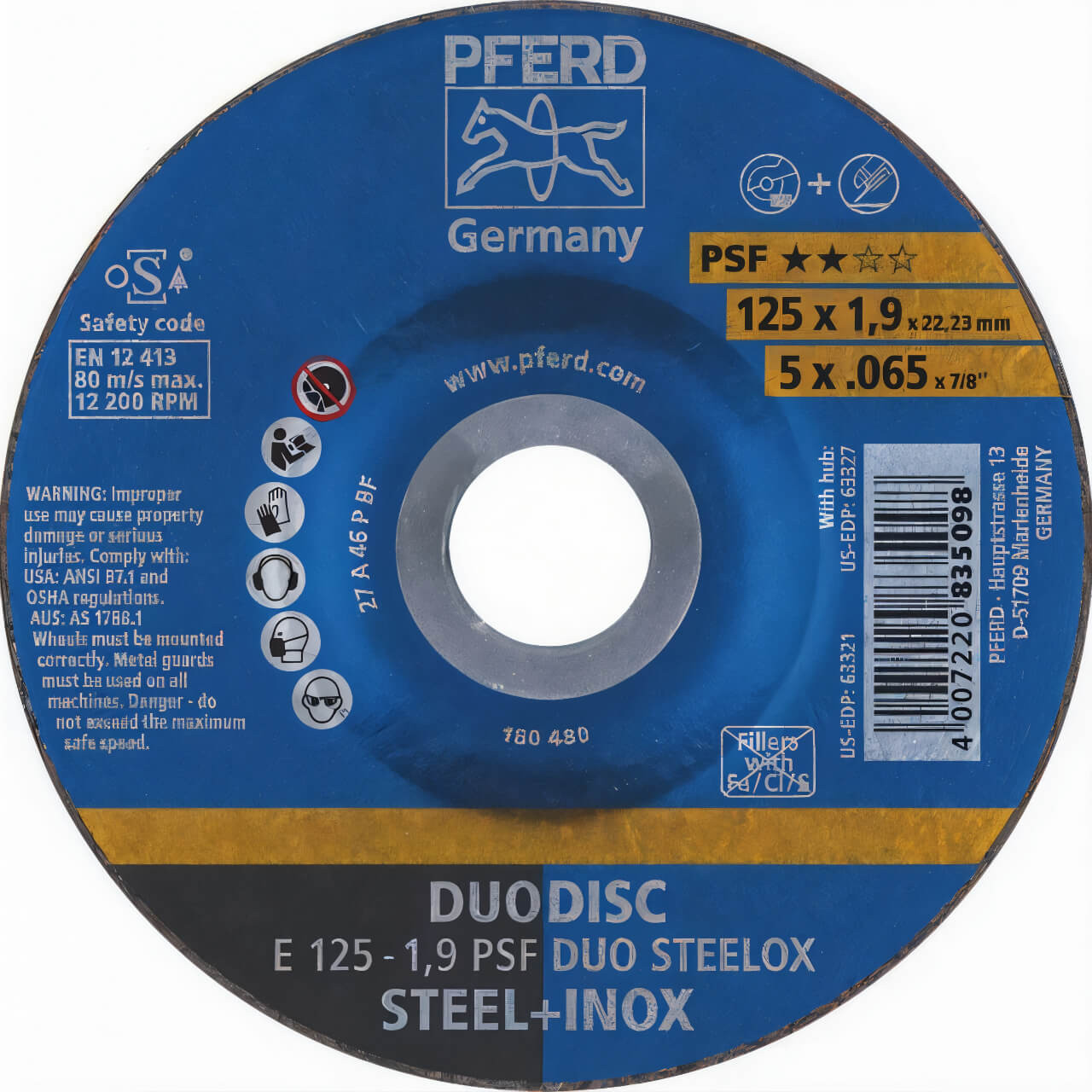 Pferd E A46P PSF Duo Steelox 125x1.9x22 Cut/Grind Disc 10/box