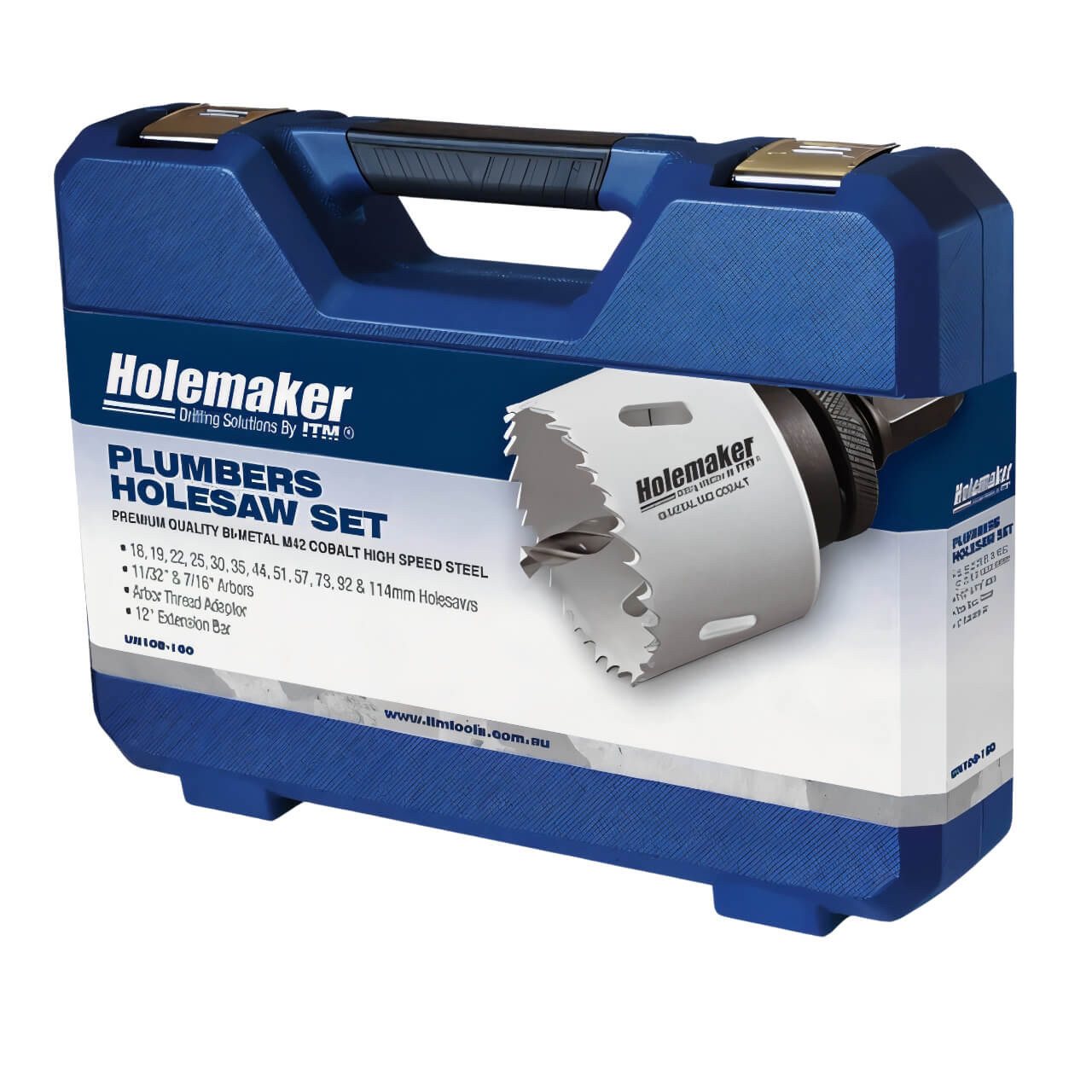 Holemaker Cobalt Holesaw Set Plumbers Set 16, 19, 22, 25, 30, 35, 44, 51, 57, 73, 92, 114mm Plus Arbors